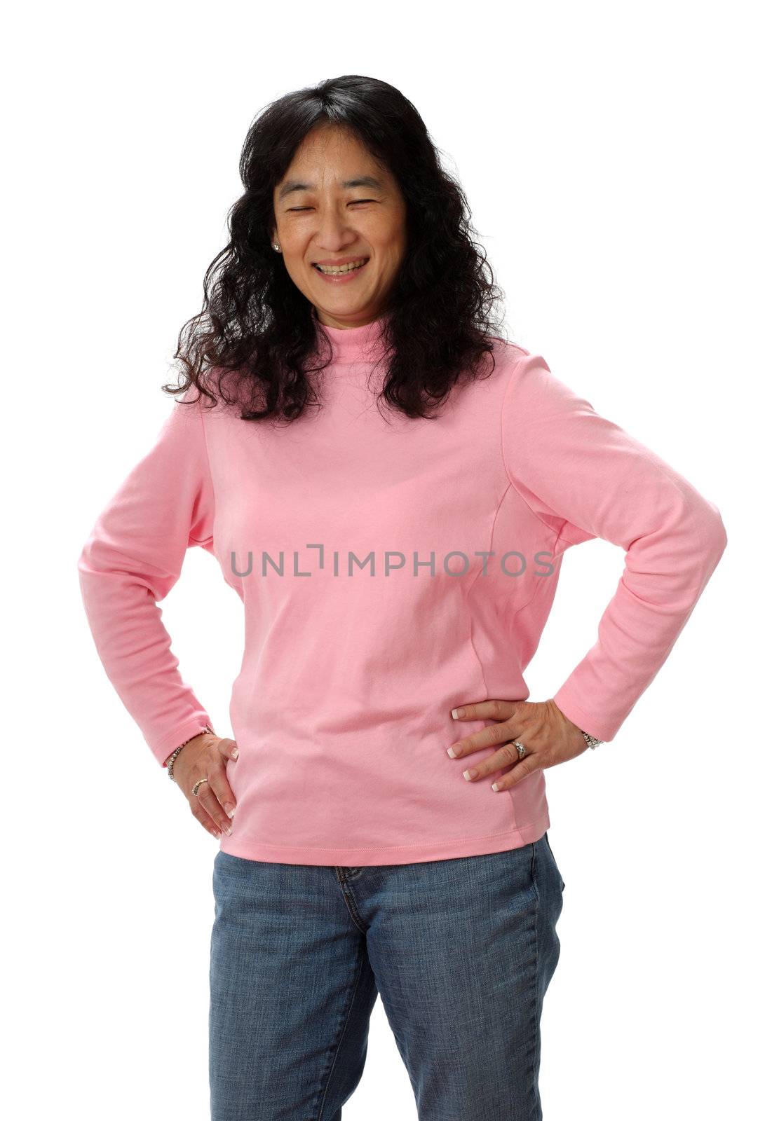 A Mature Asian Lady Laughs Joyfully with her Eyes Closed   by libyphoto
