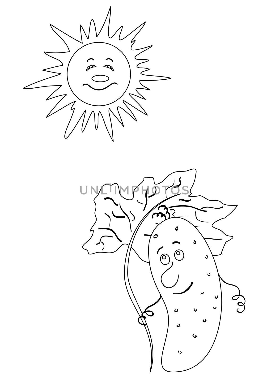 Summer cartoon, contour, cucumber hiding under an umbrella from the sun