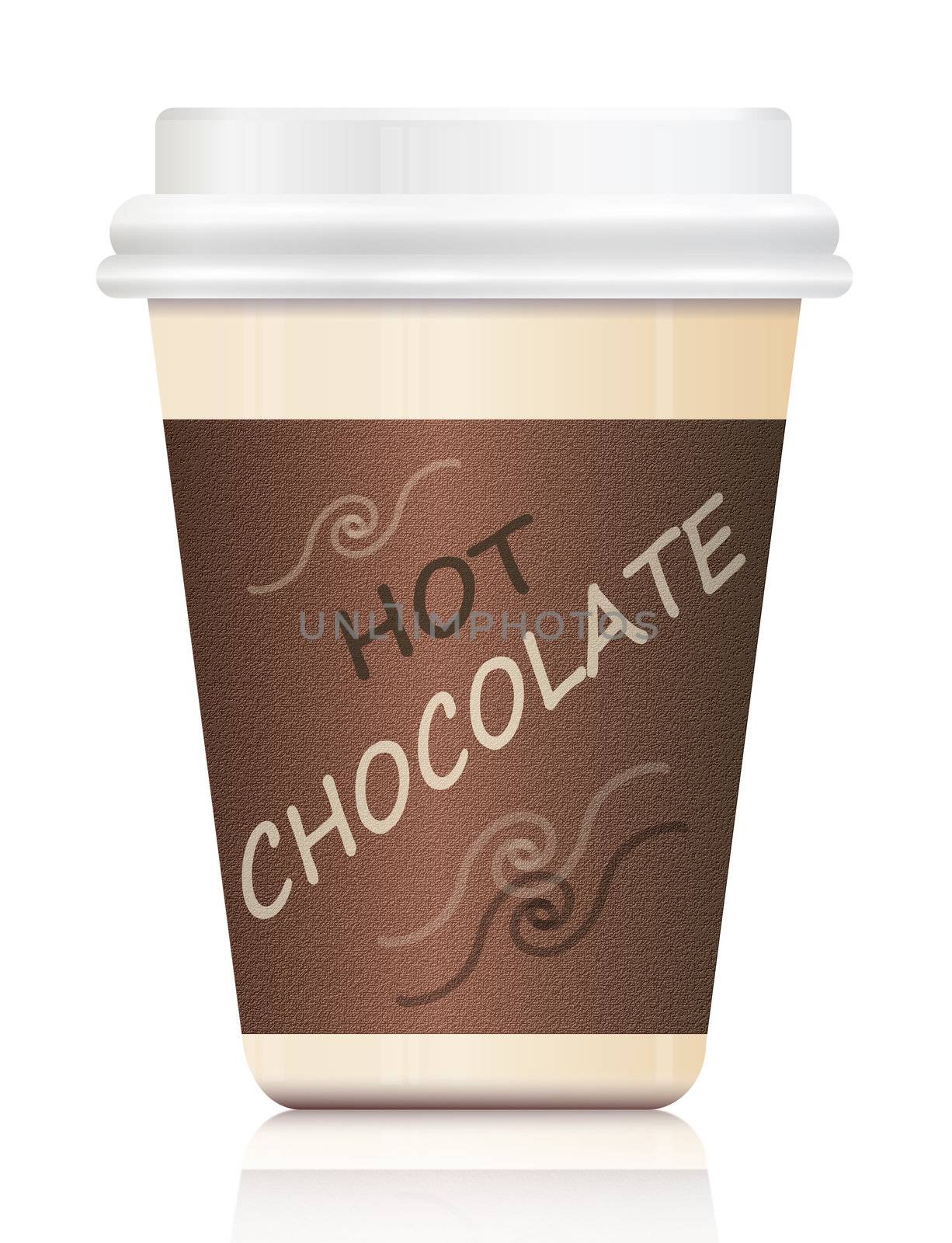 Illustration depicting a single hot chocolate take out container arranged over white.