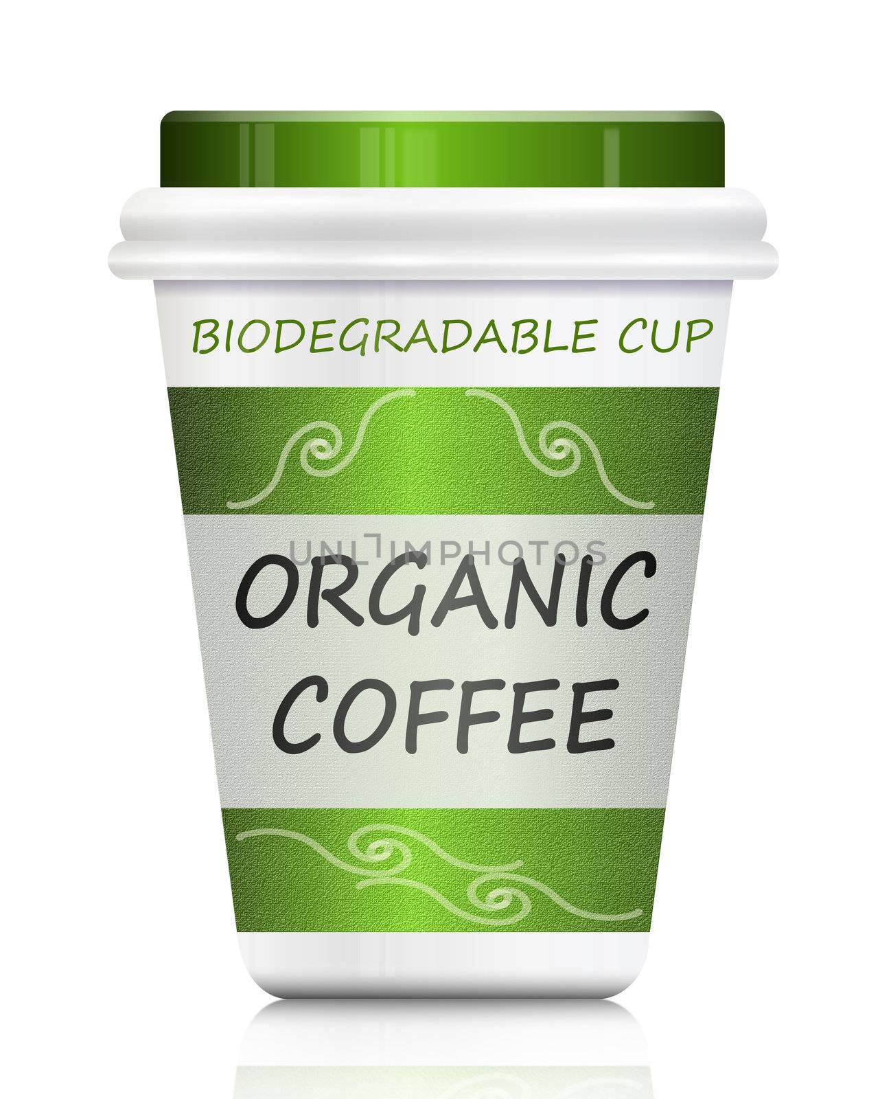 Illustration depicting a single organic coffee take out biodegradable container arranged over white.