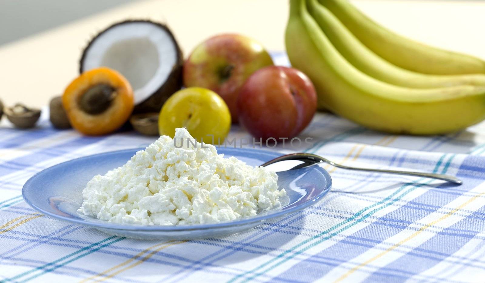 Curd on the plate with fruits for breakfast