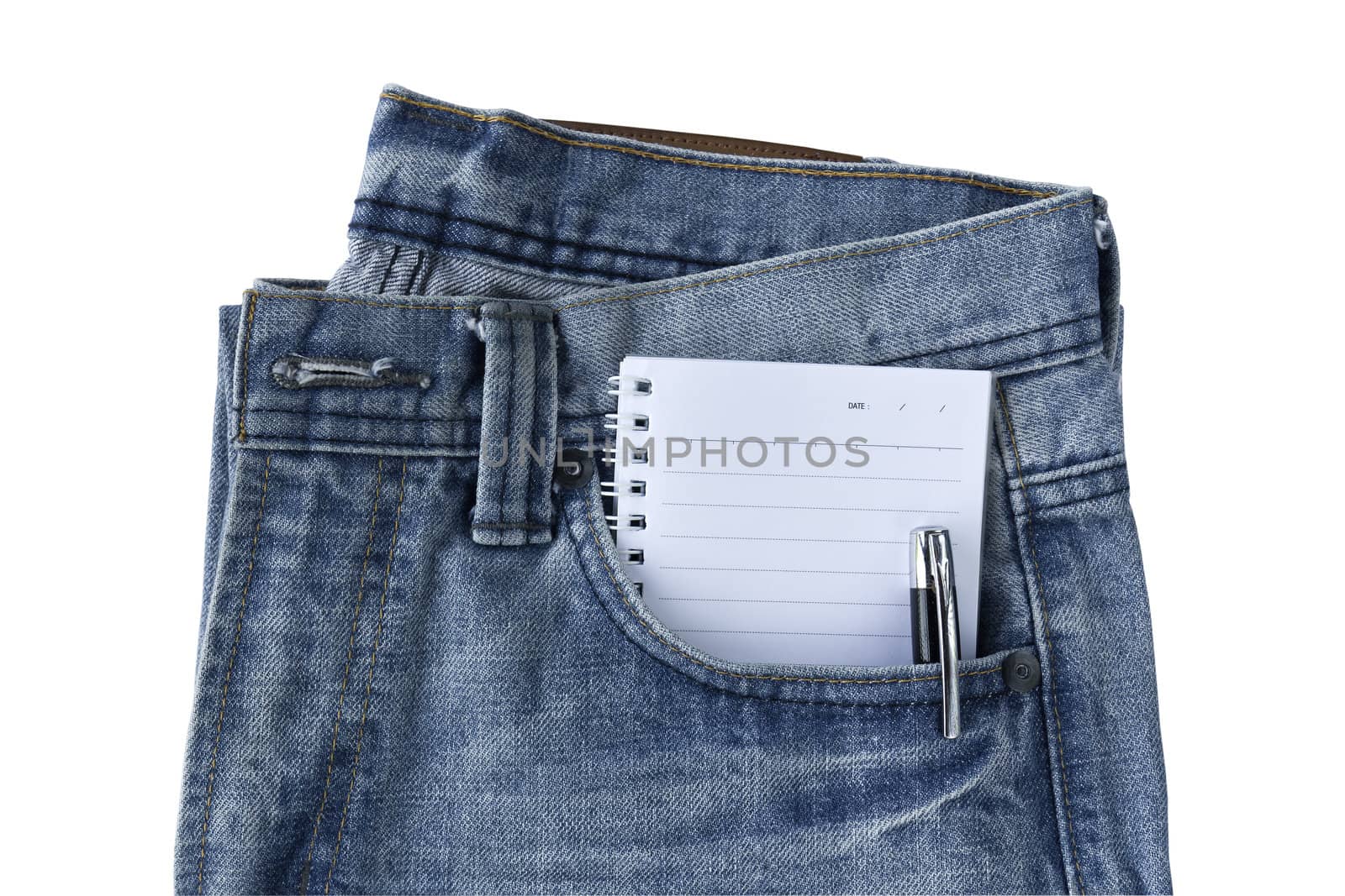 New Blue jeans trouser and notepad isolated on the white background