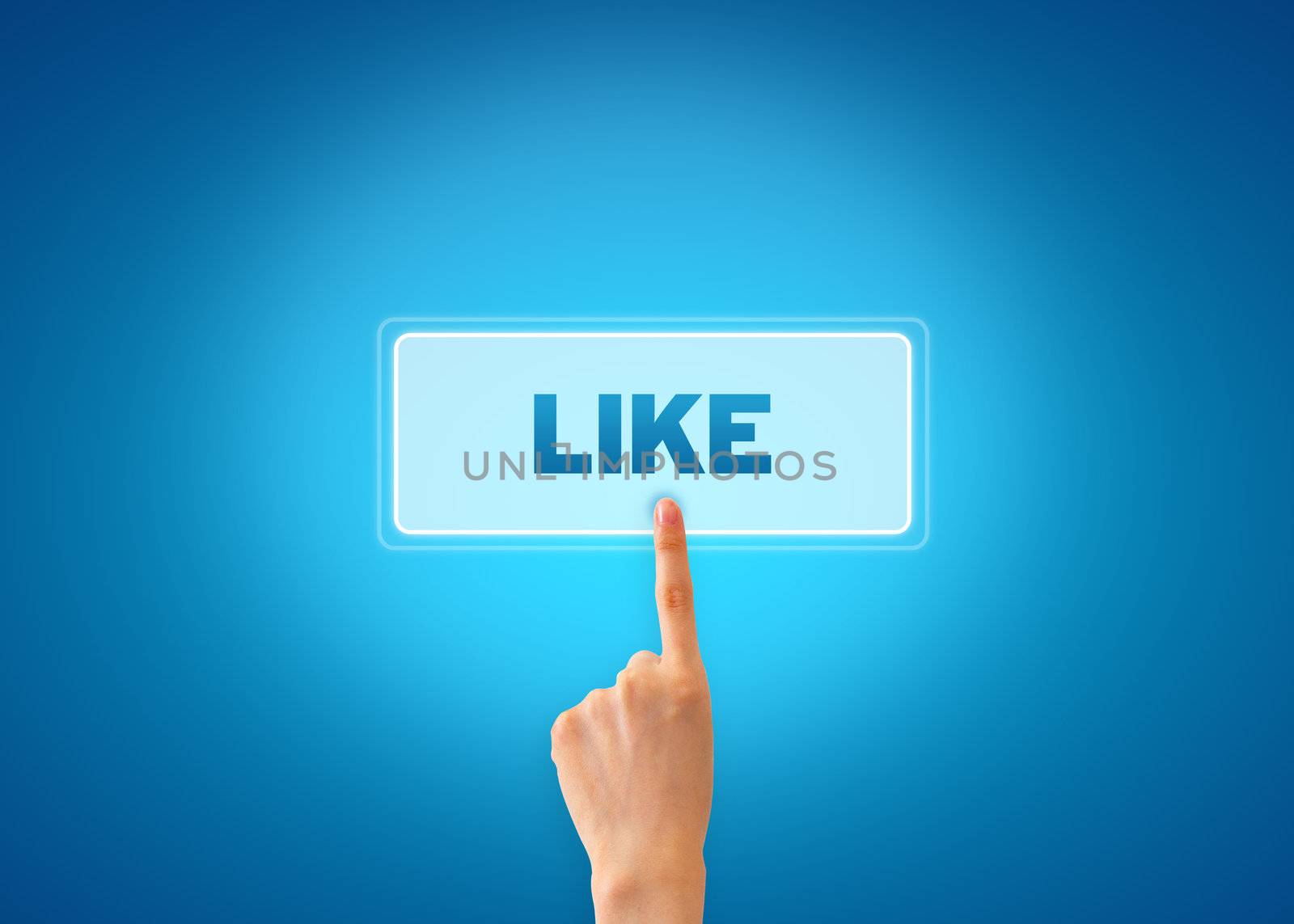 Hand pointing at a like icon on blue grandient background. 