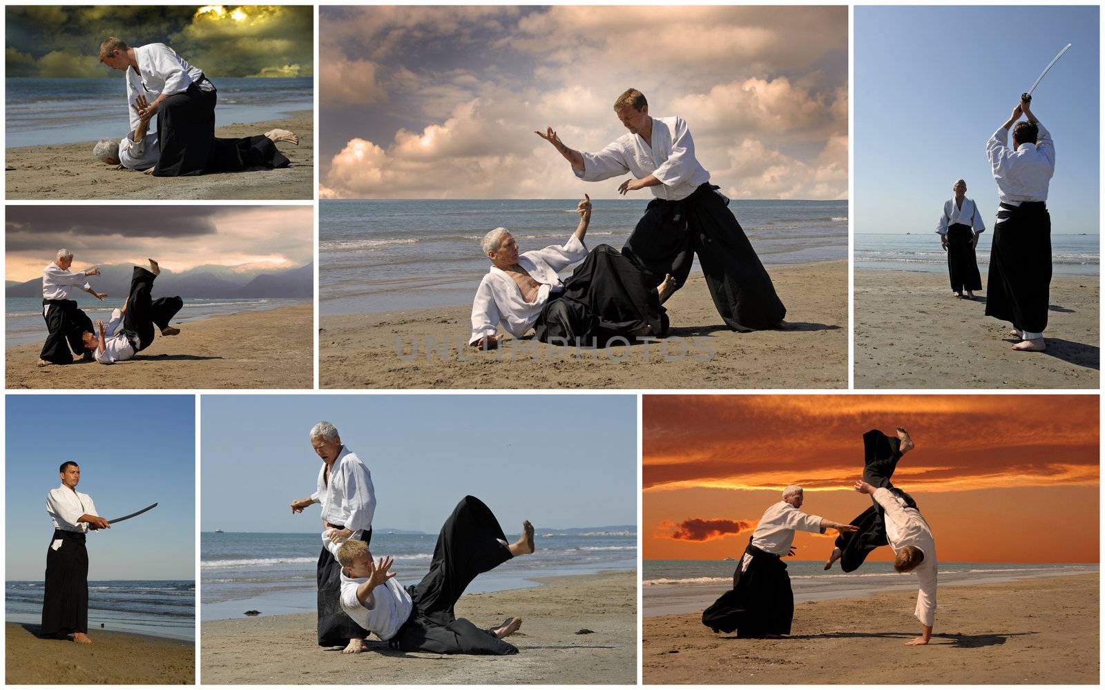 composite picture with  adults who are training in Aikido on the beach