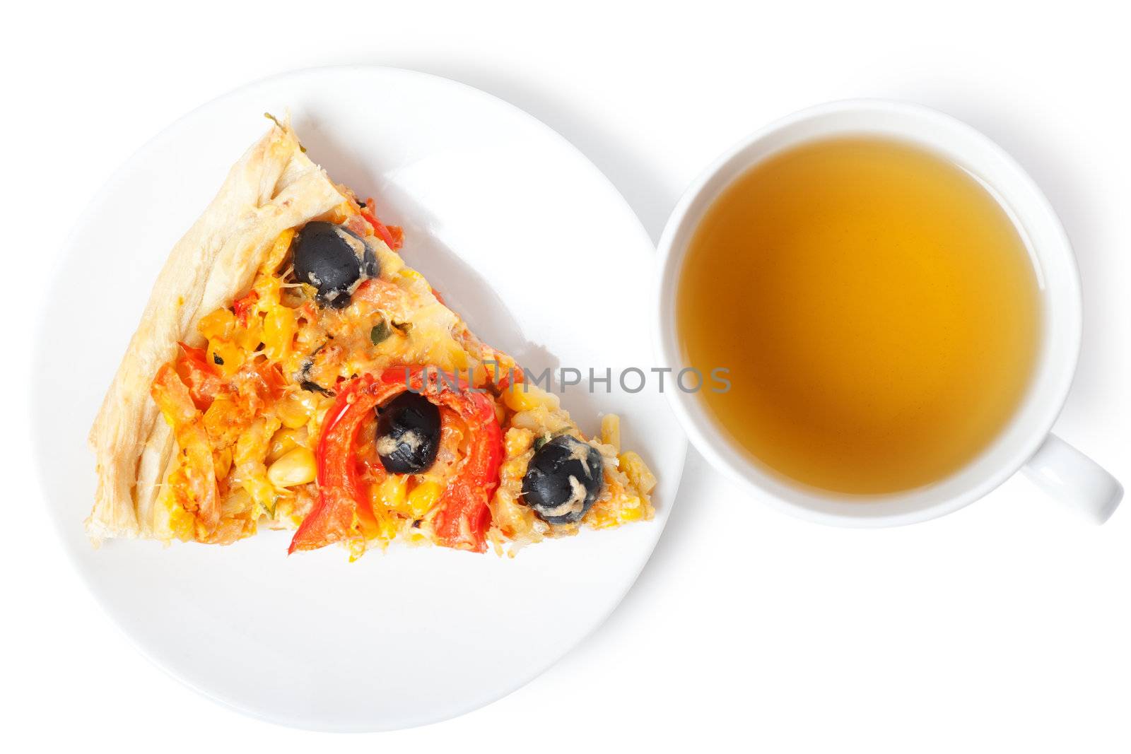 A slice of pizza on a plate and a cup of tea