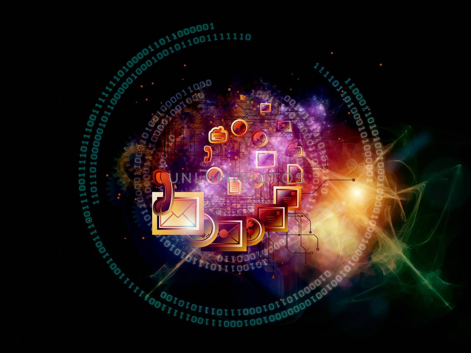 Interplay of communication symbols, gears and abstract design elements on the subject of global communications, messaging, information exchange and modern technologies