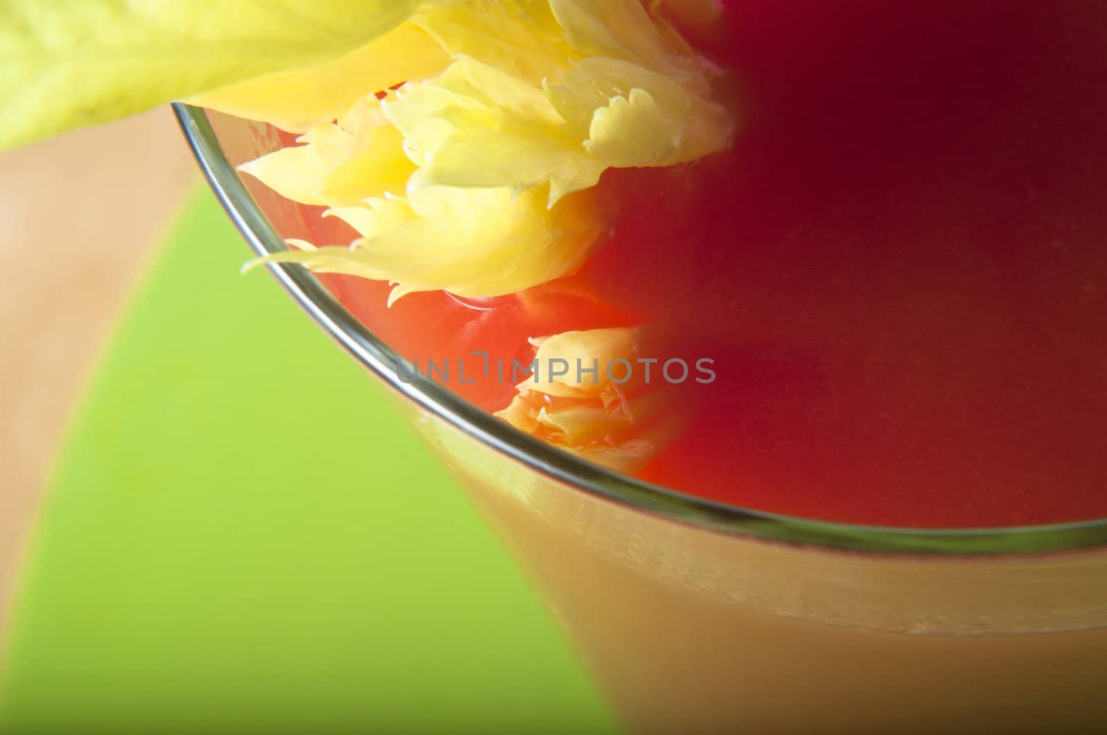 Close up (macro) shot of a glass of tomato juice with celery leaves protruding from it.  Green table mat and wooden table in soft focus.  Shallow depth of field.