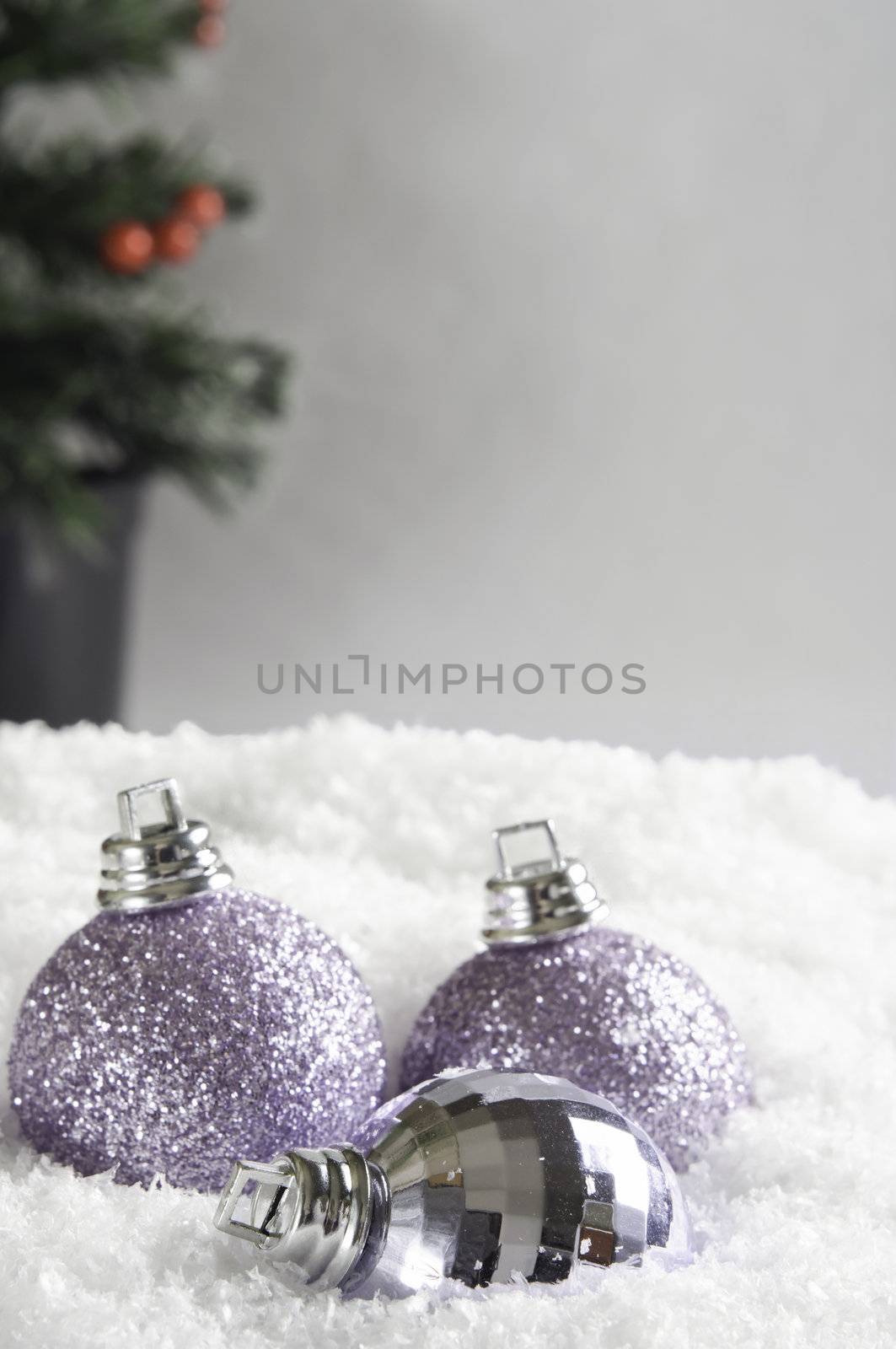 Three Christmas baubles, partly submerged in white snow.  Grey background provides copy space above and right with Christmas tree in soft focus.