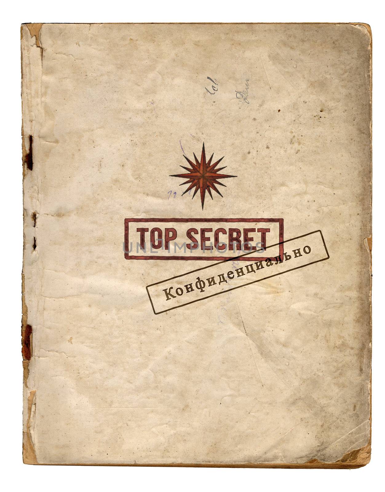 Top Secret Files Front Page With Red English And Black Russian Stamps Isolated On White Background