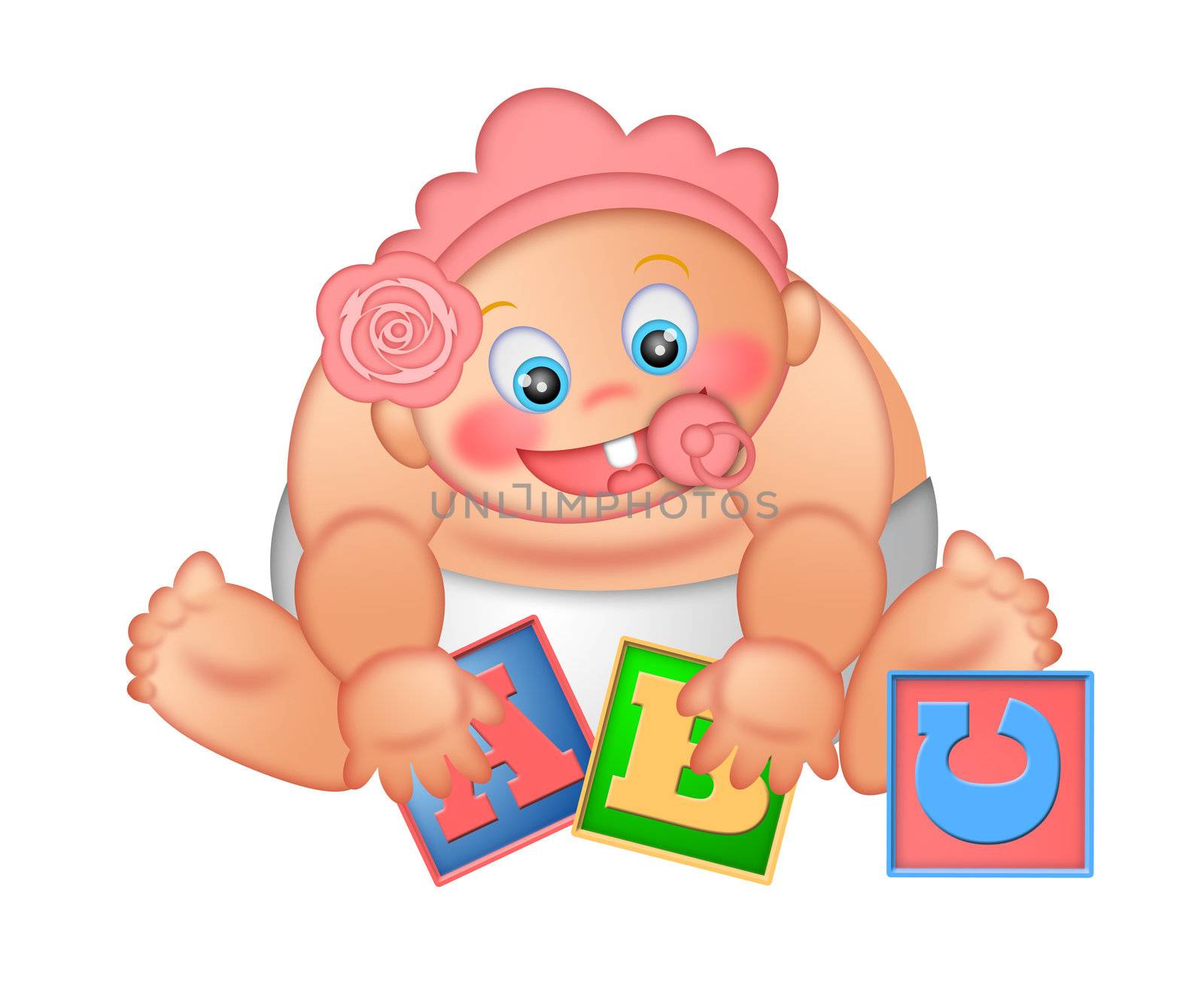 Baby Girl Playing With Alphabet Letter Blocks Isolated on White Background Illustration