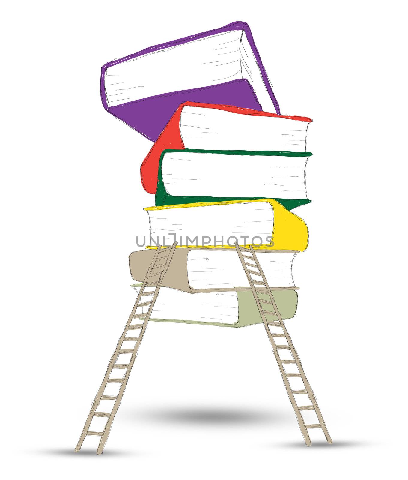 Wooden ladder standing near books pile