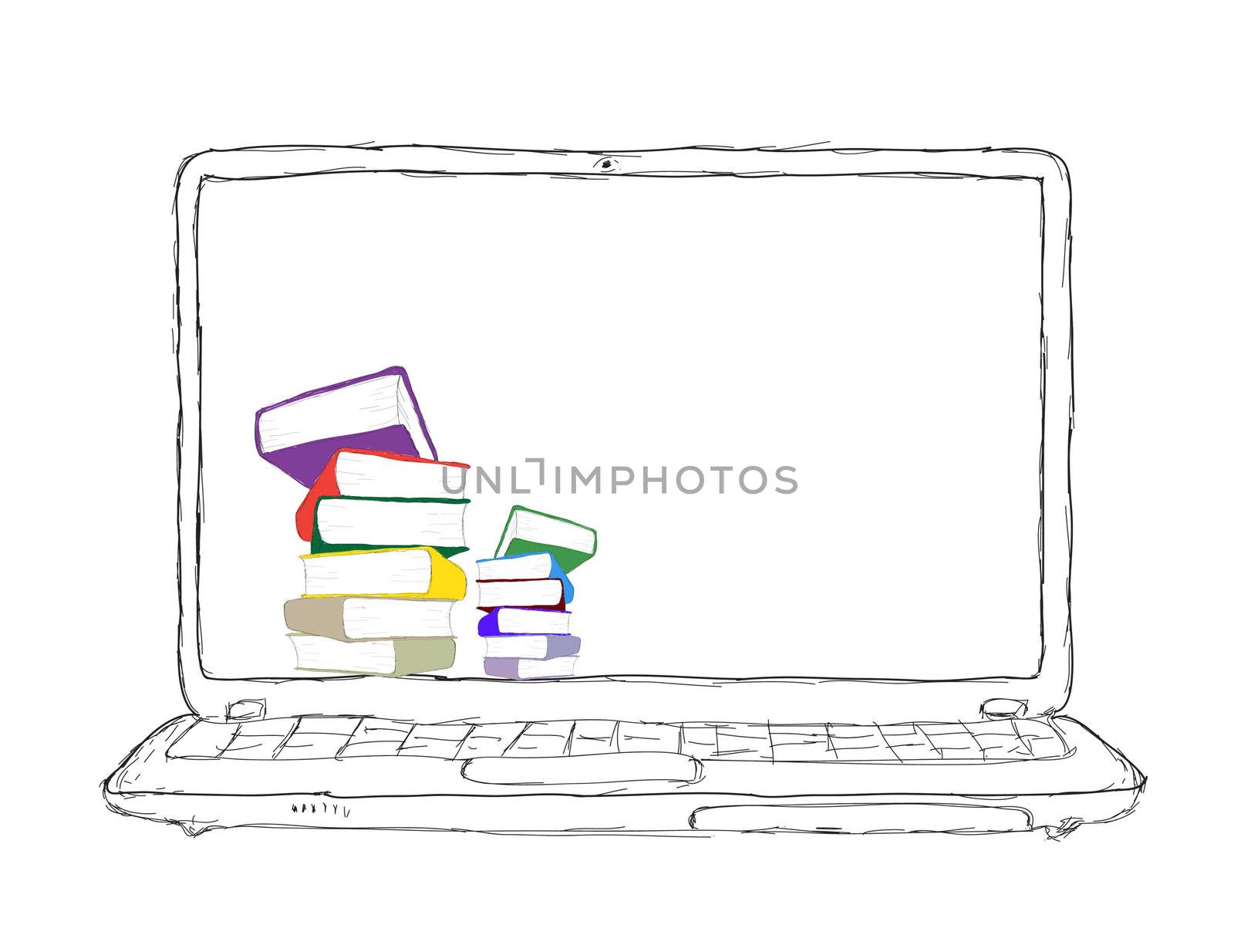 sketch Laptop with books and blank display 
 by rufous