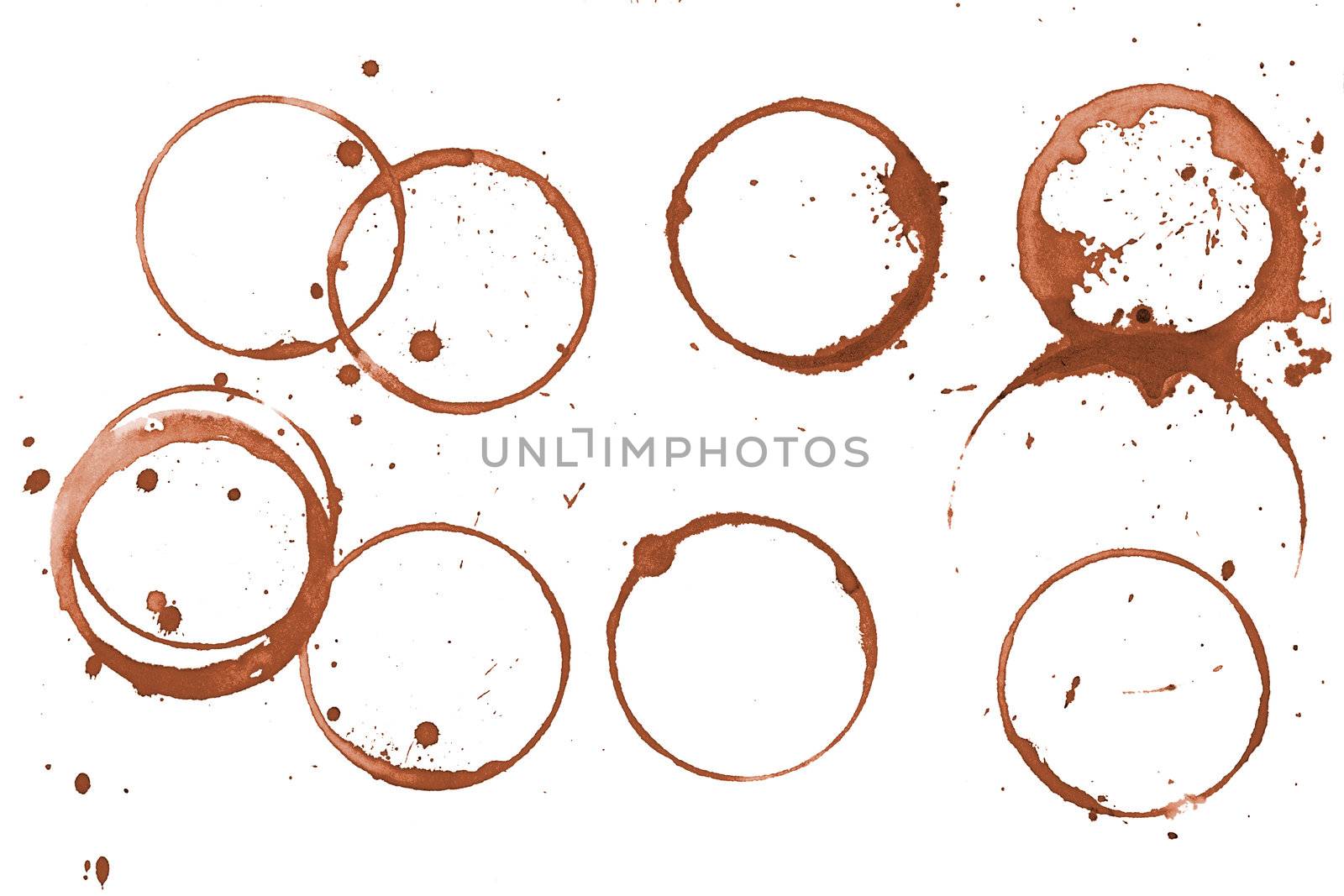 Coffee stains and splashes on a white background.