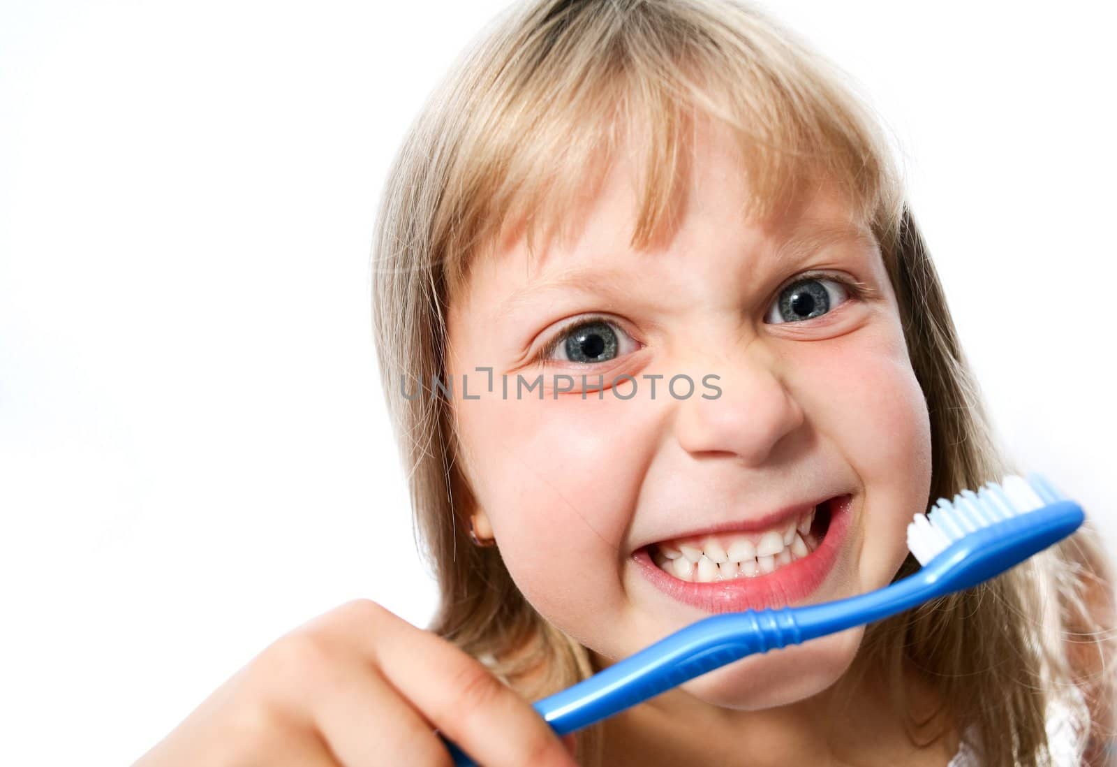 An image of little girl with toothbrush on white background