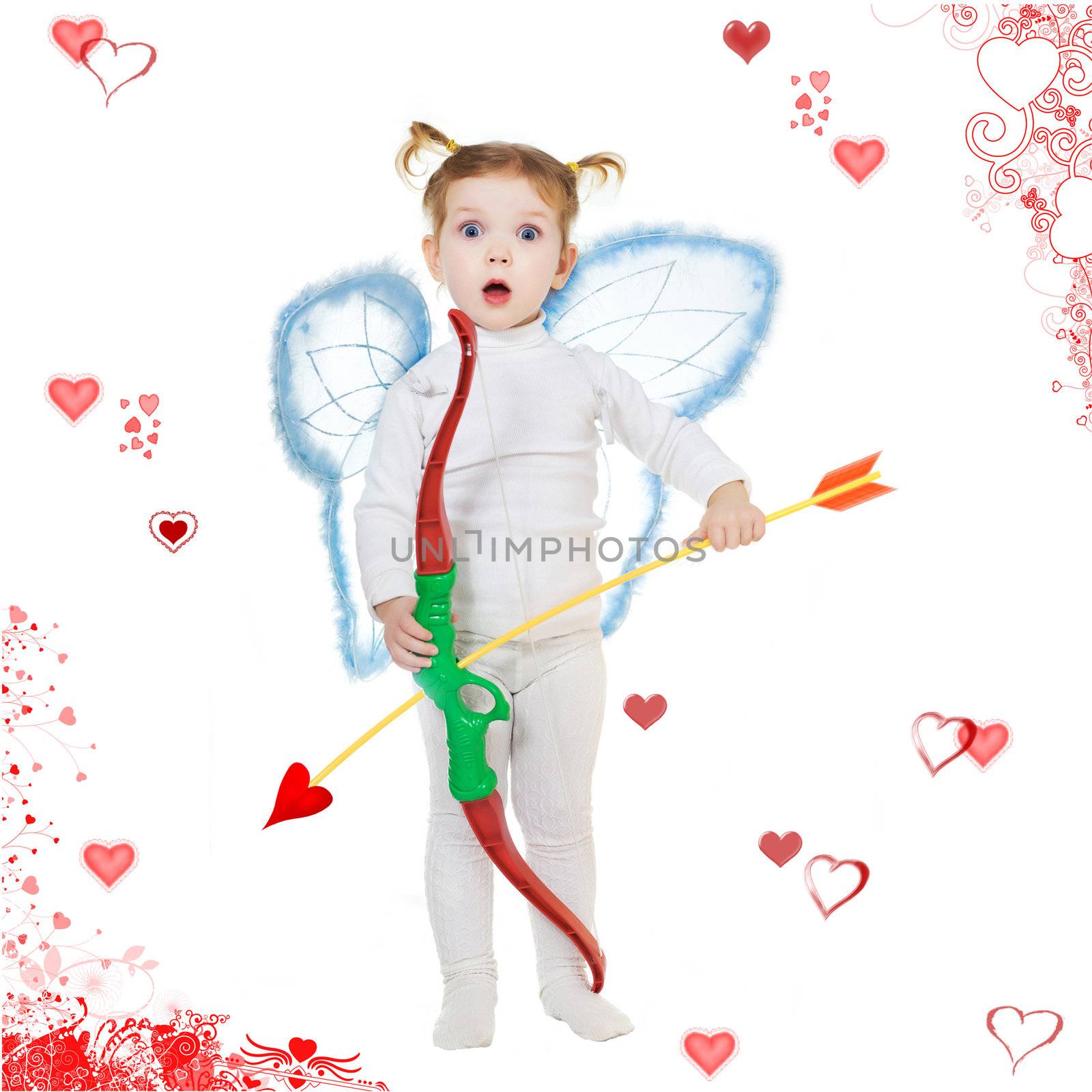 Stock photo: an image of a little cupid with a bow and hearts