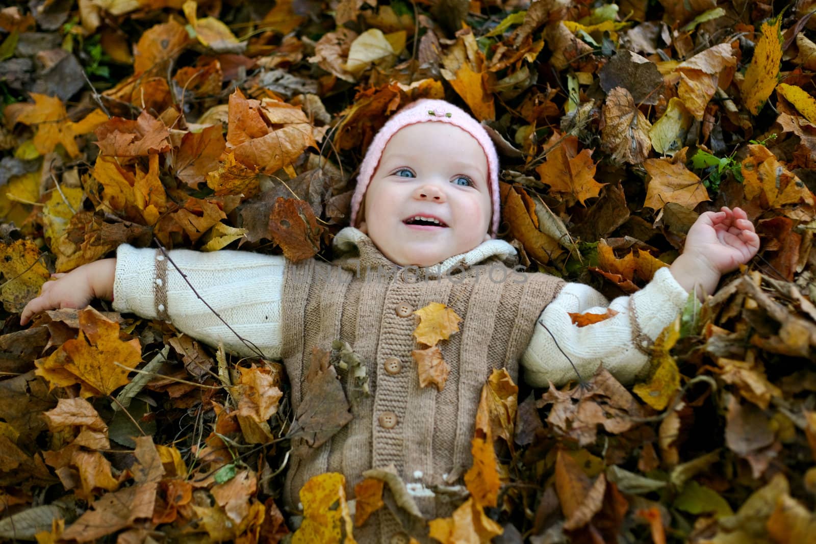 An image of nice child in leaves in autumn park