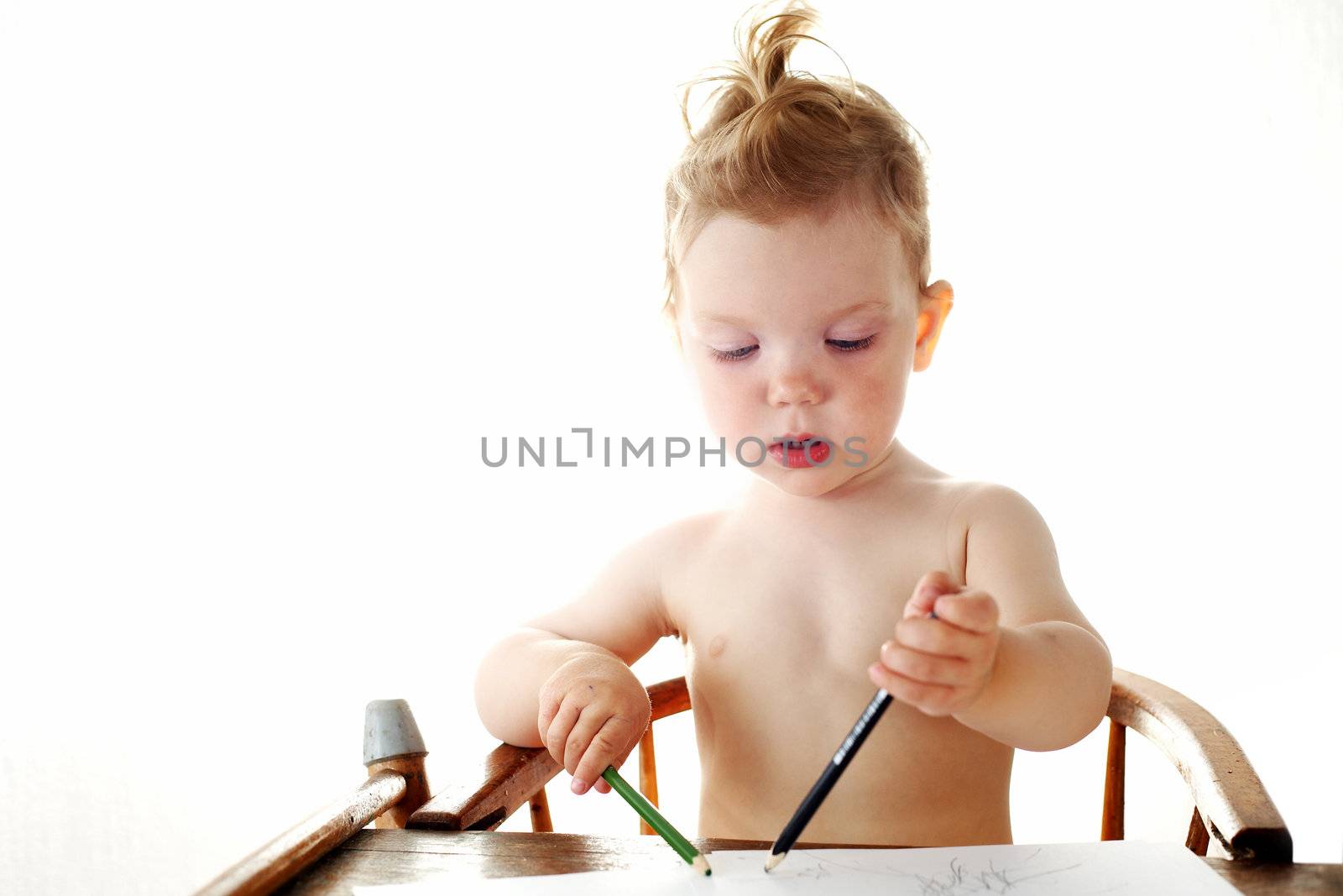 Baby-girl on white background with pencils