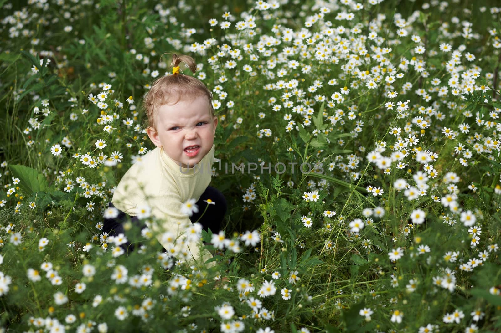 Baby-girl amongst a field with little white flowers