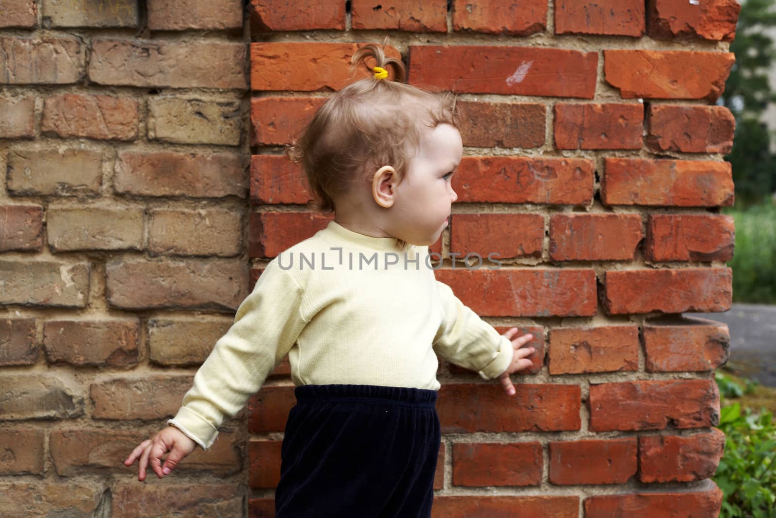 Little girl near brick wall by velkol