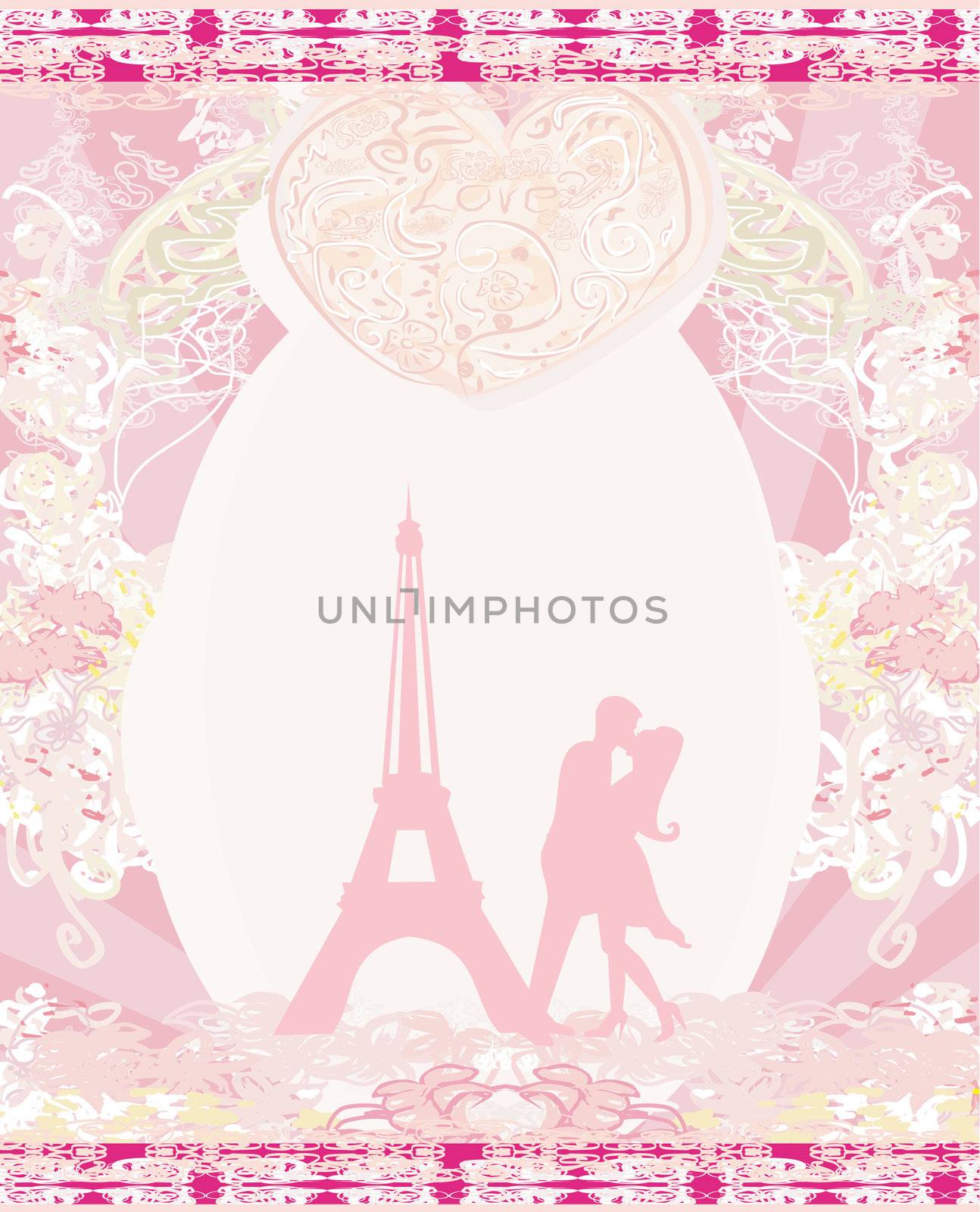 Romantic couple in Paris kissing near the Eiffel Tower Retro card