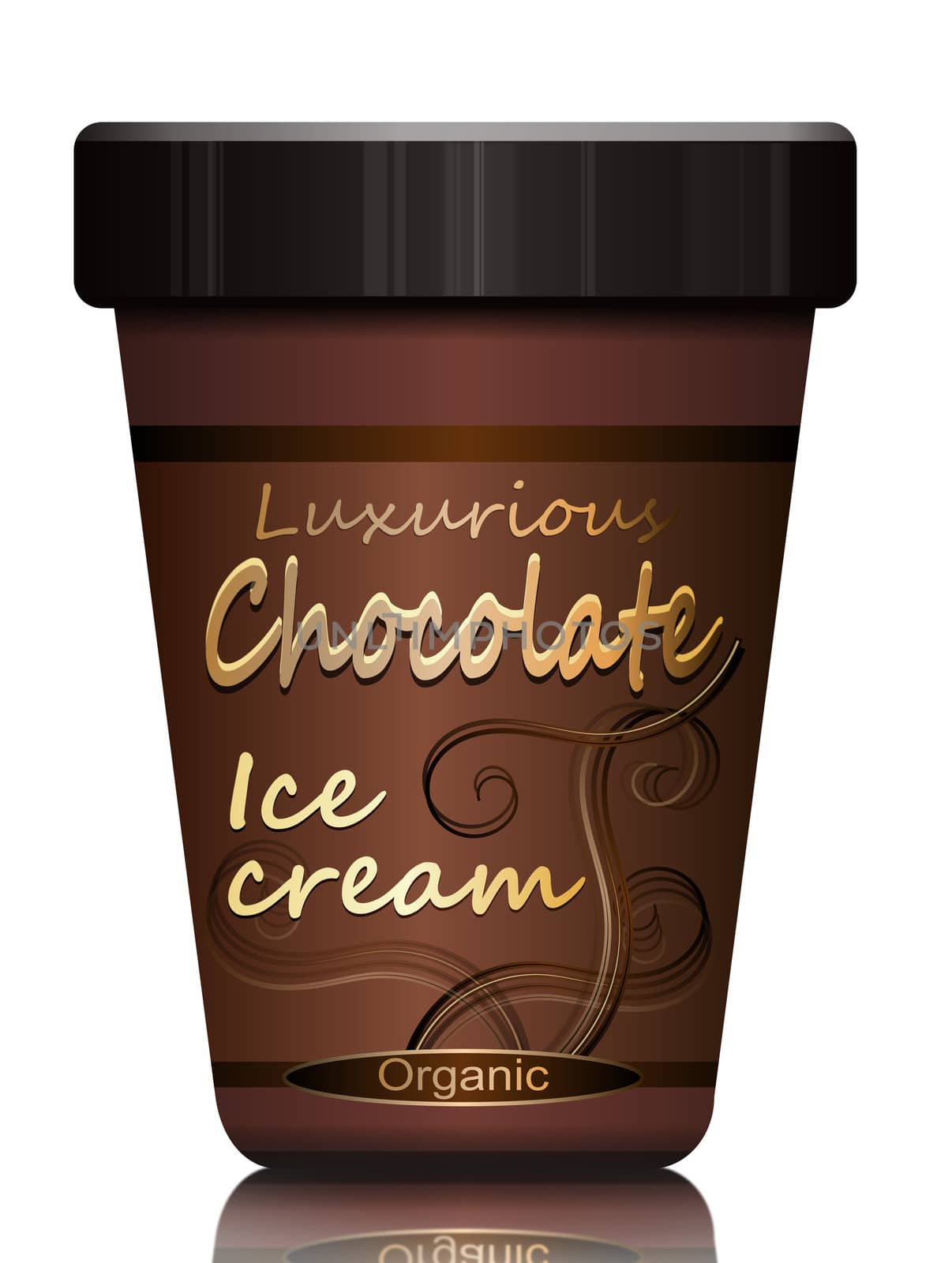 Illustration depicting a single chocolate ice cream container arranged over white.