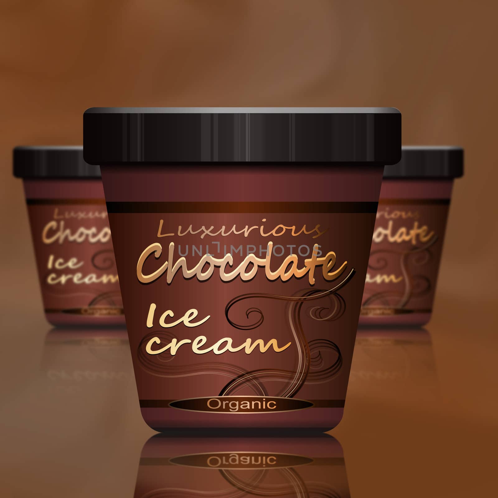 Illustration depicting three chocolate ice cream containers arranged over warm brown shades. Foreground container in focus.