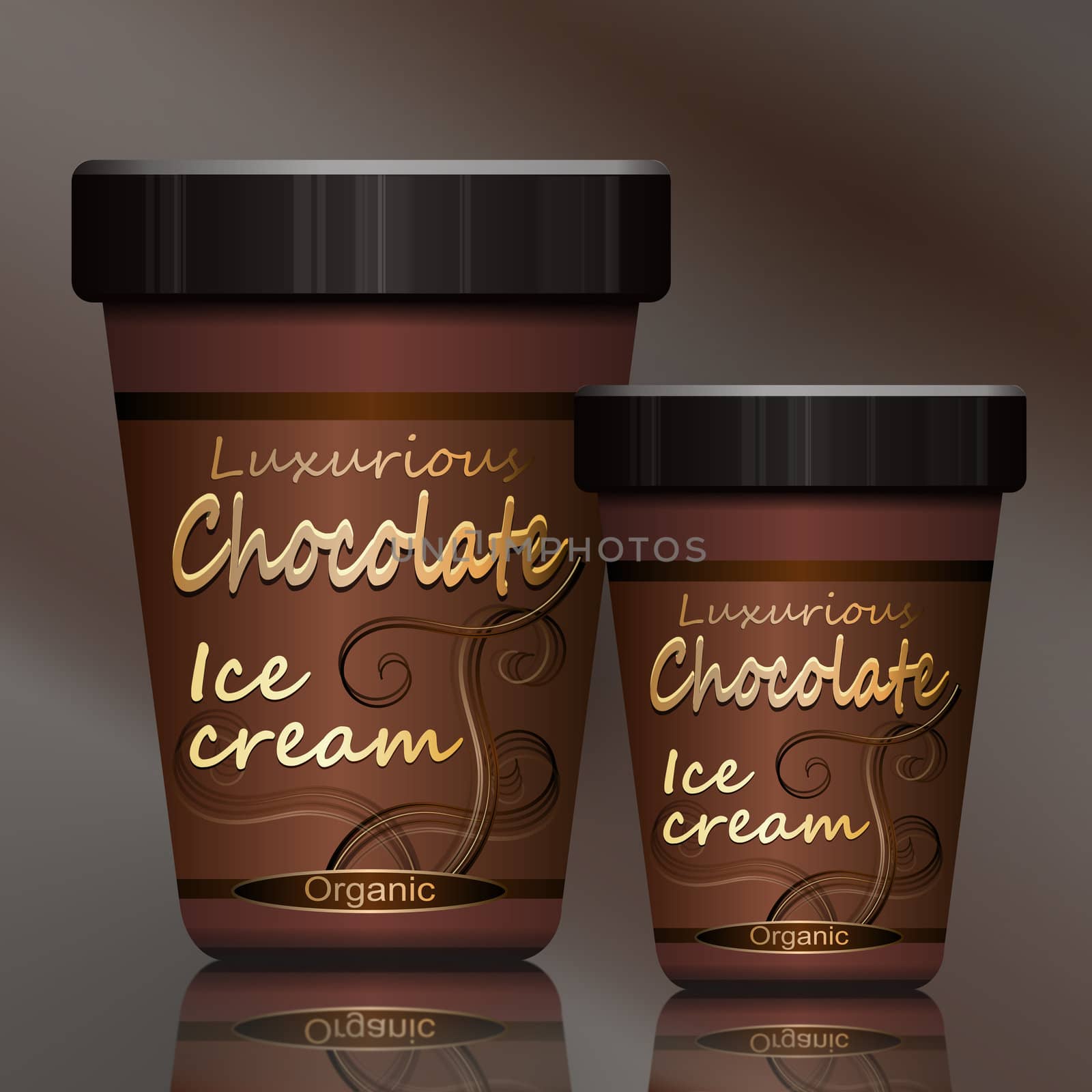 Illustration depicting two chocolate ice cream containers arranged over brown.