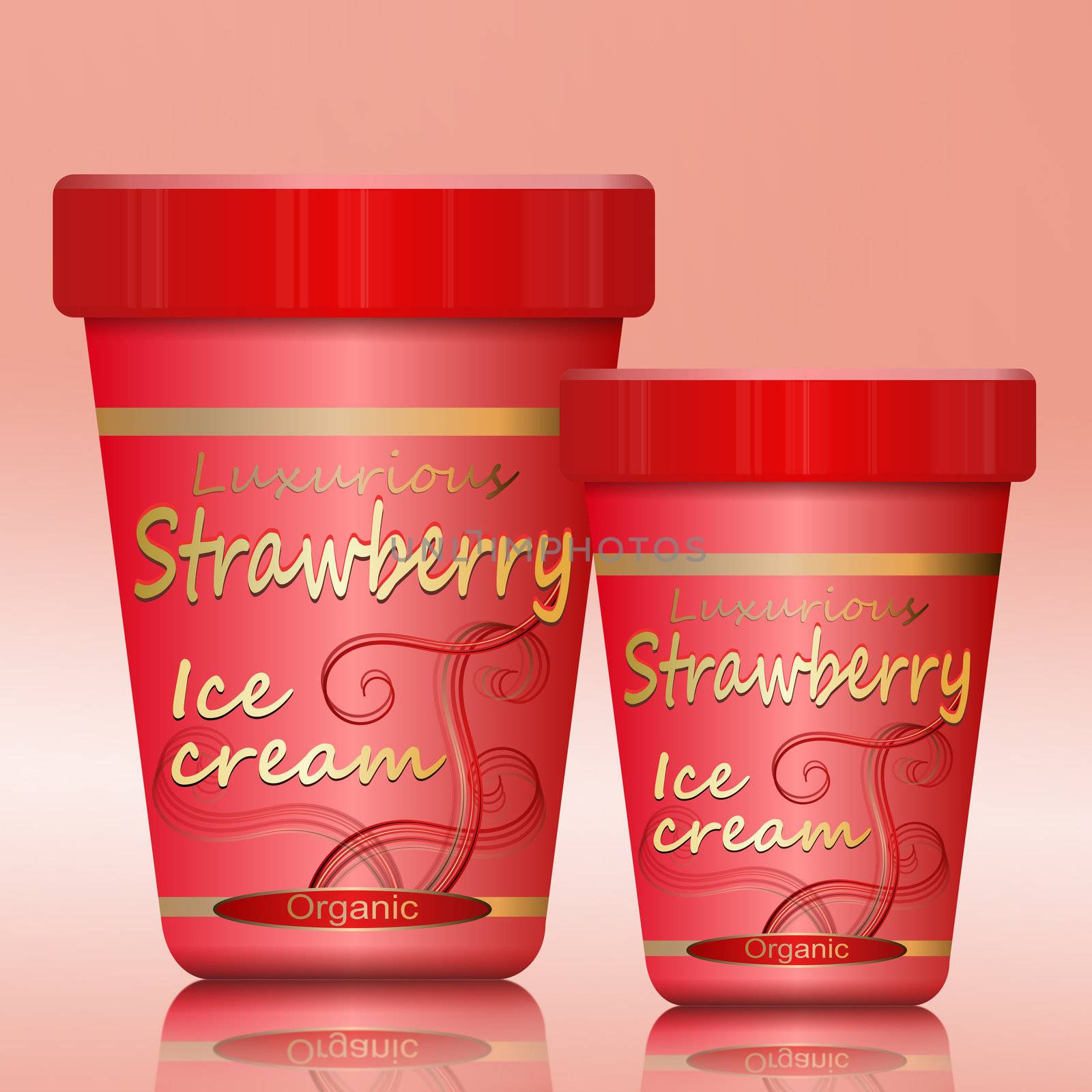 Illustration depicting two strawberry ice cream containers arranged over pink.