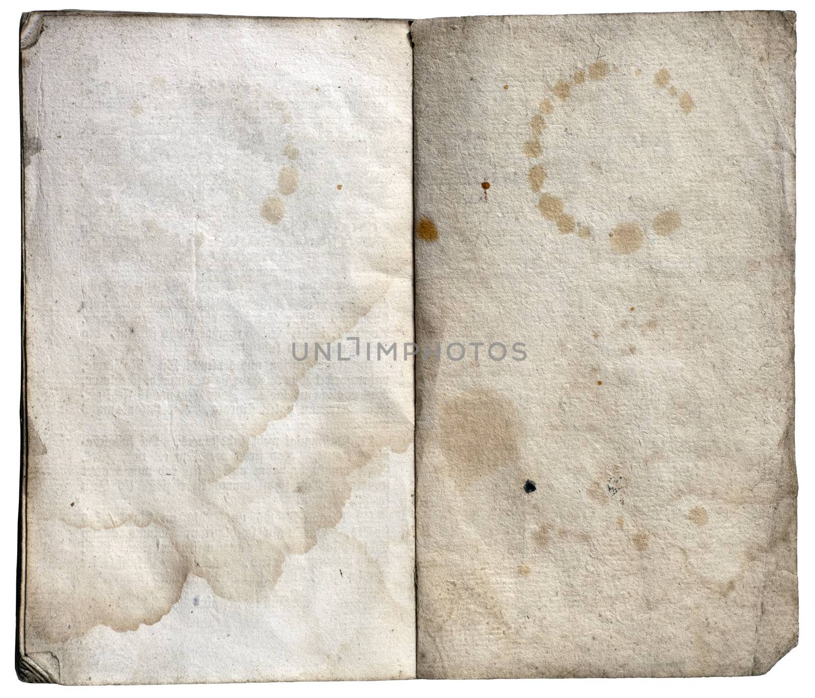 Old open note book with empty stained sheets isolated on white with clipping path.