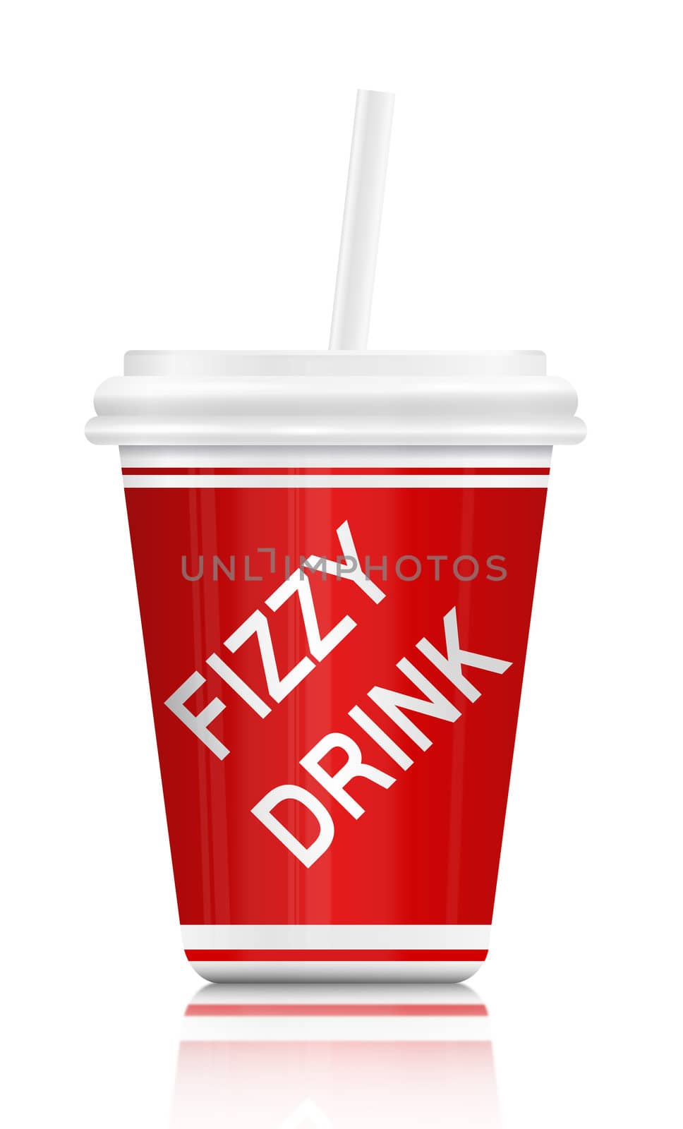 Illustration depicting a single plastic fizzy drink container with straw. White background.