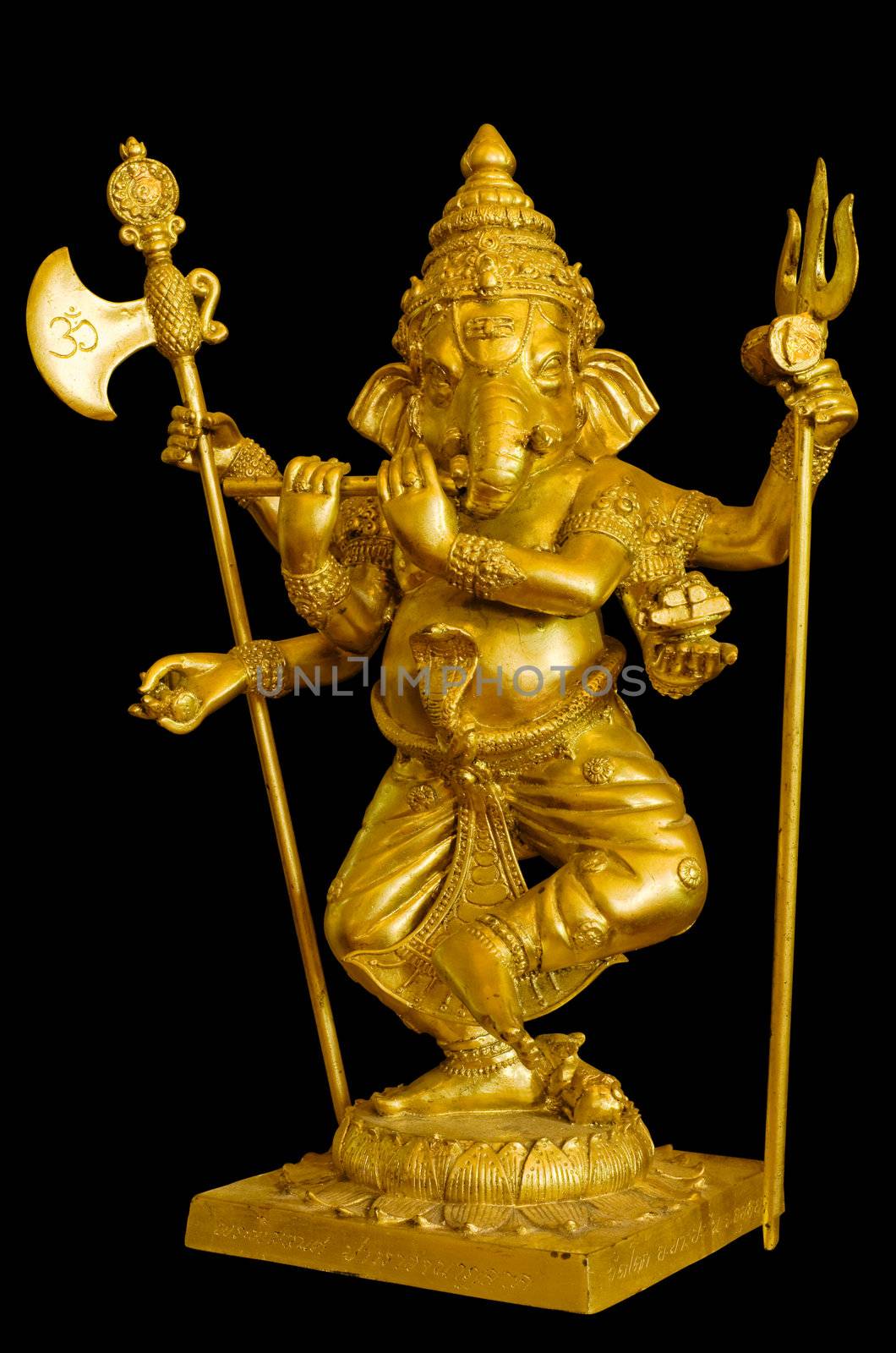 Ganesh Gold stand sculpture on black background with path