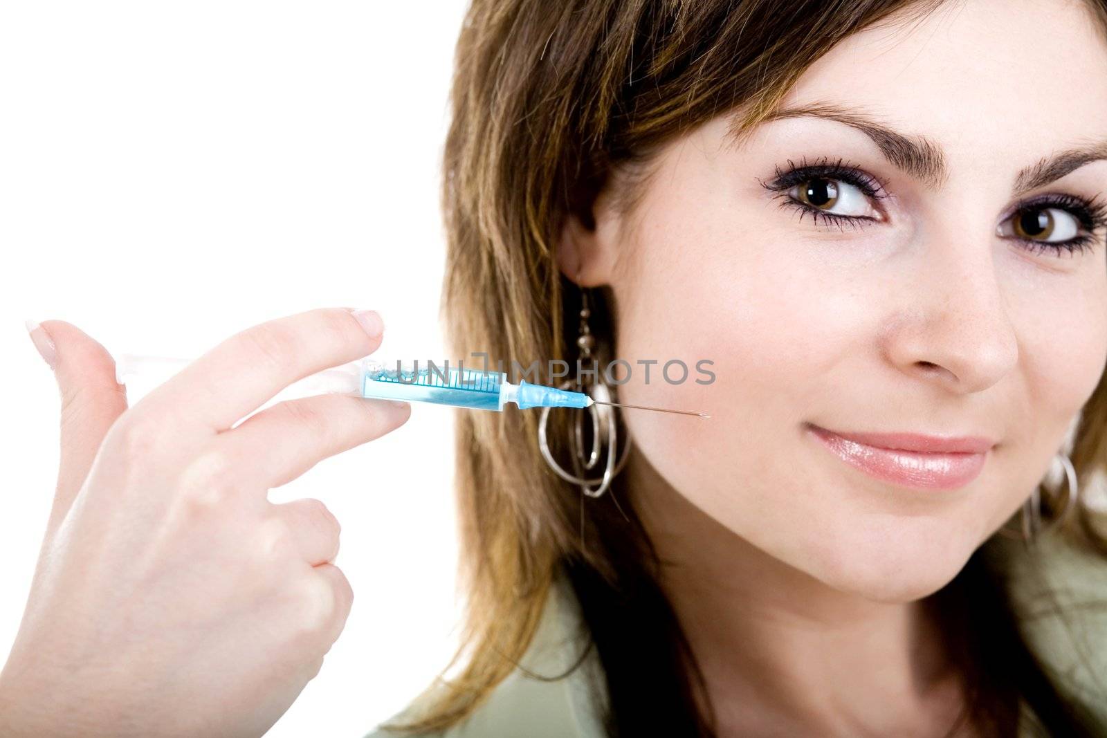 A girl with injection pointed on her cheek