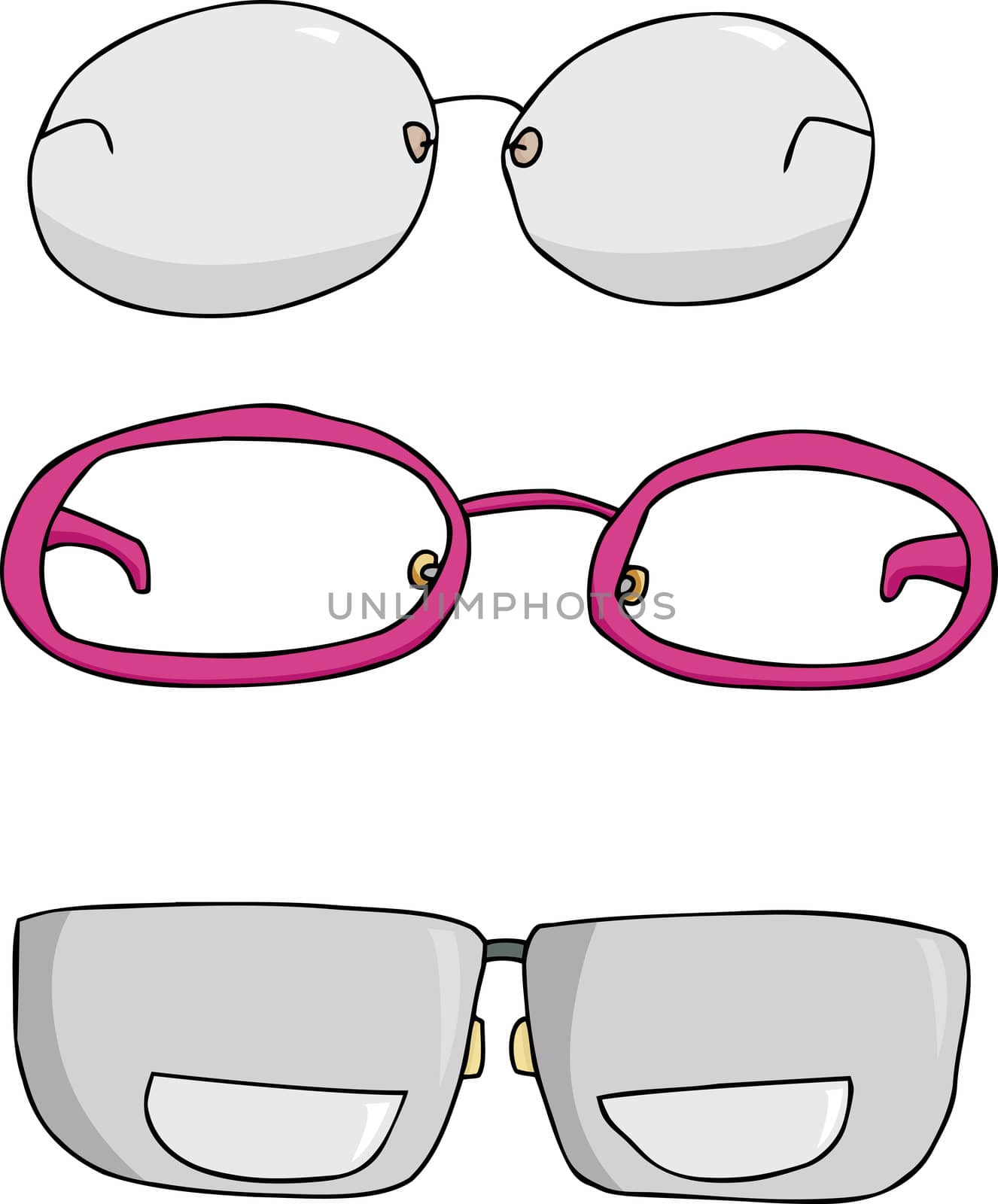 Three types of eyeglasses cartoons over white background