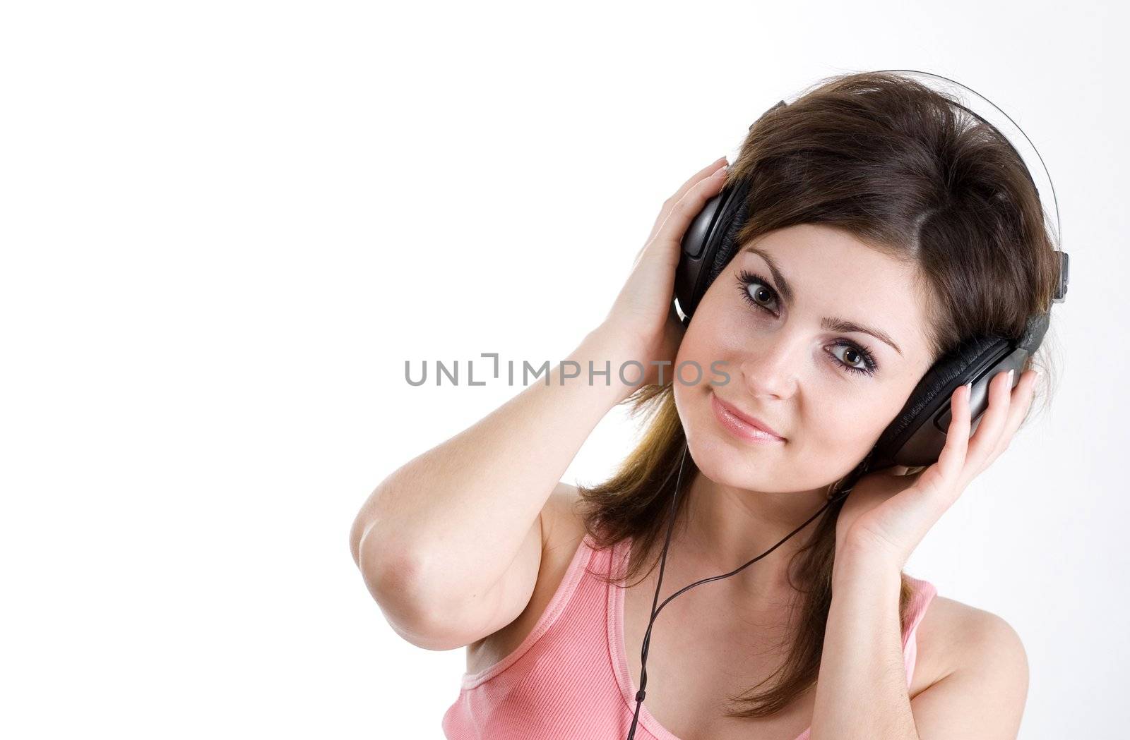 An image of woman in headphone on white background