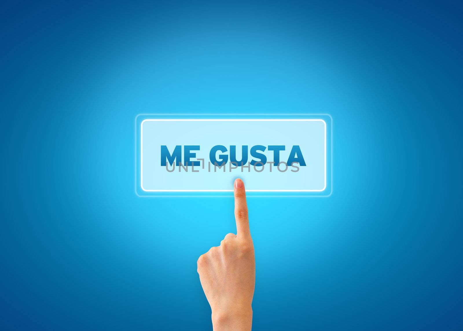 Hand pointing at a Me Gusta icon on blue grandient background. 