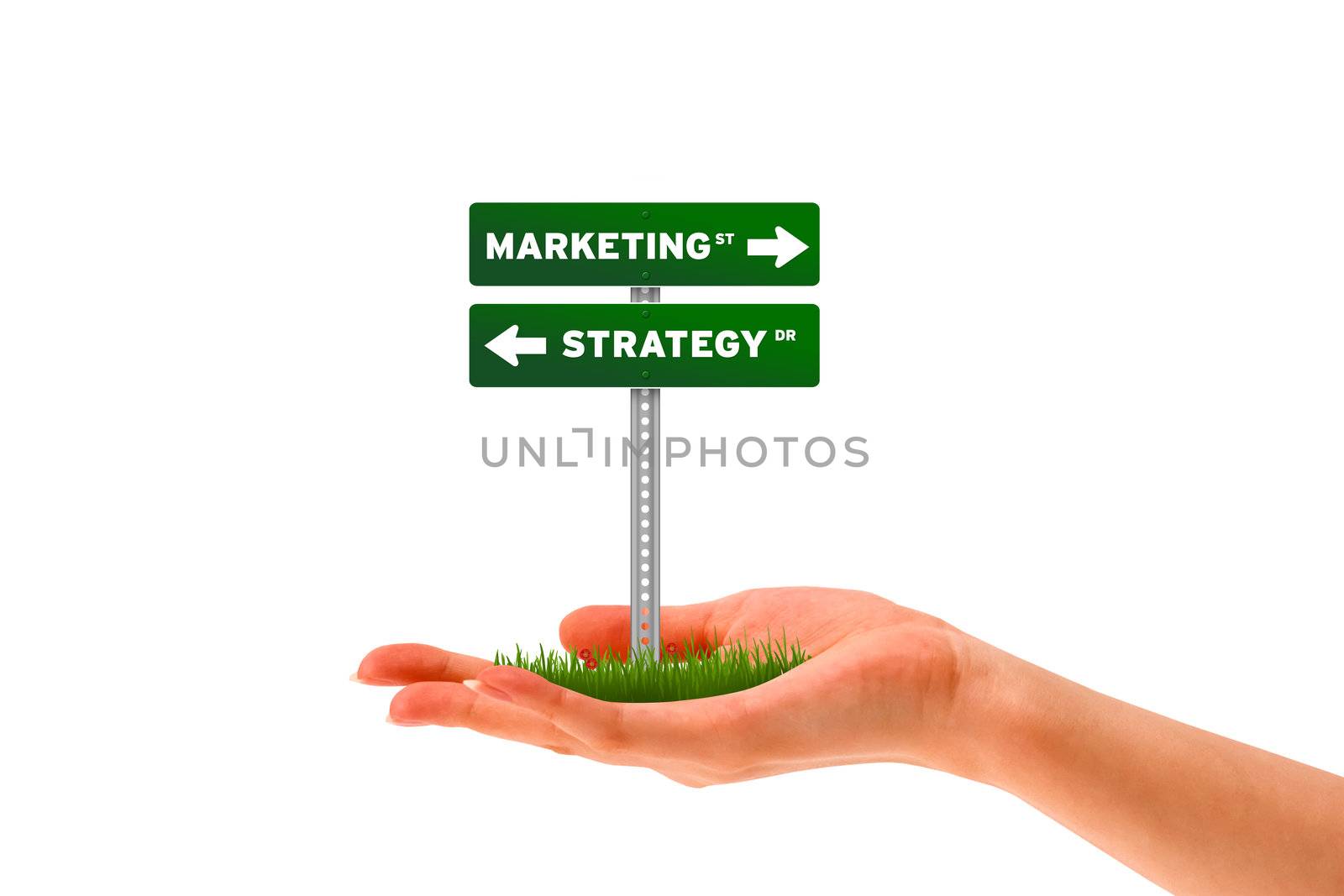 Hand holding holding a marketing and strategy street sign. 
