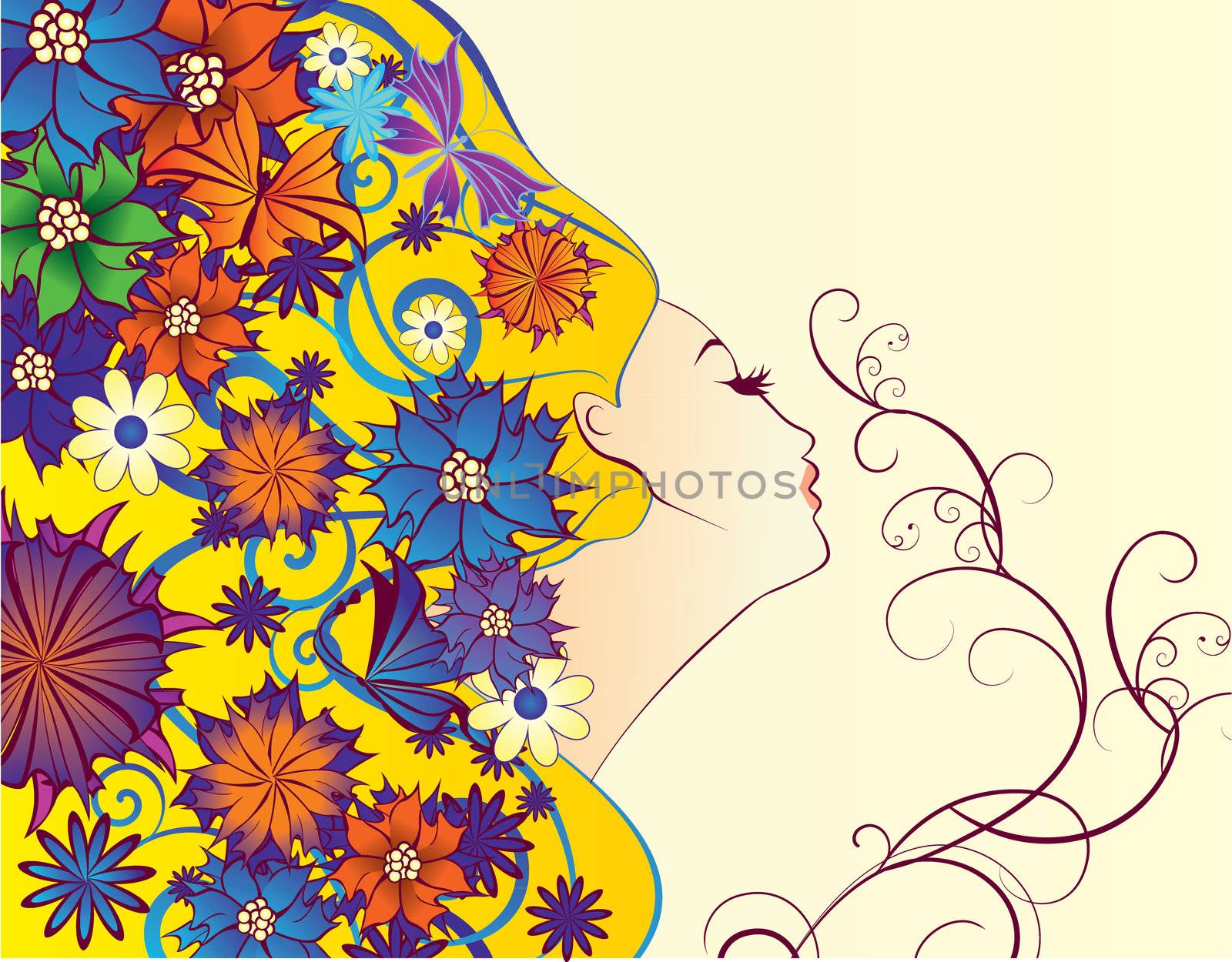 vector spring woman fantasy profile with flowers 