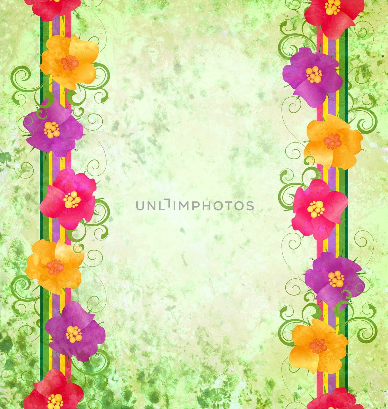 colorful flowers border on green background spring nature grunge background