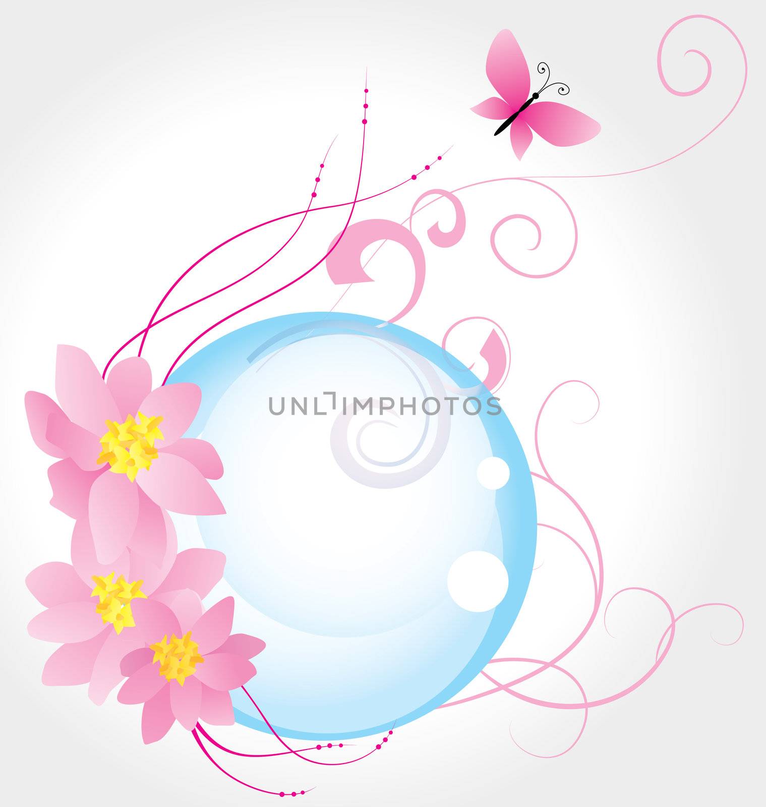 blue bubble and three pink flowers with butterfly isolated on white