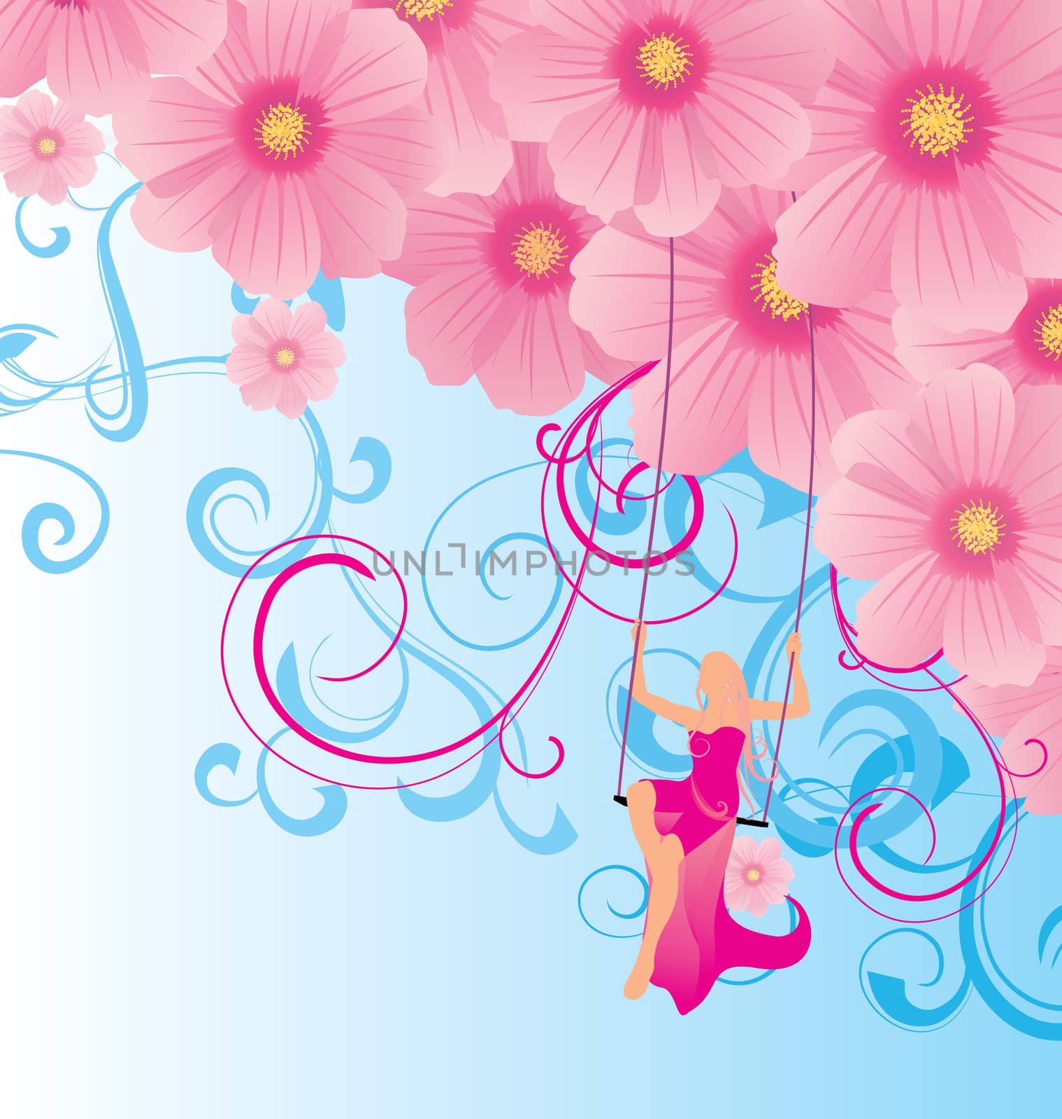 young model in the sky on swings with pink flowers illustration