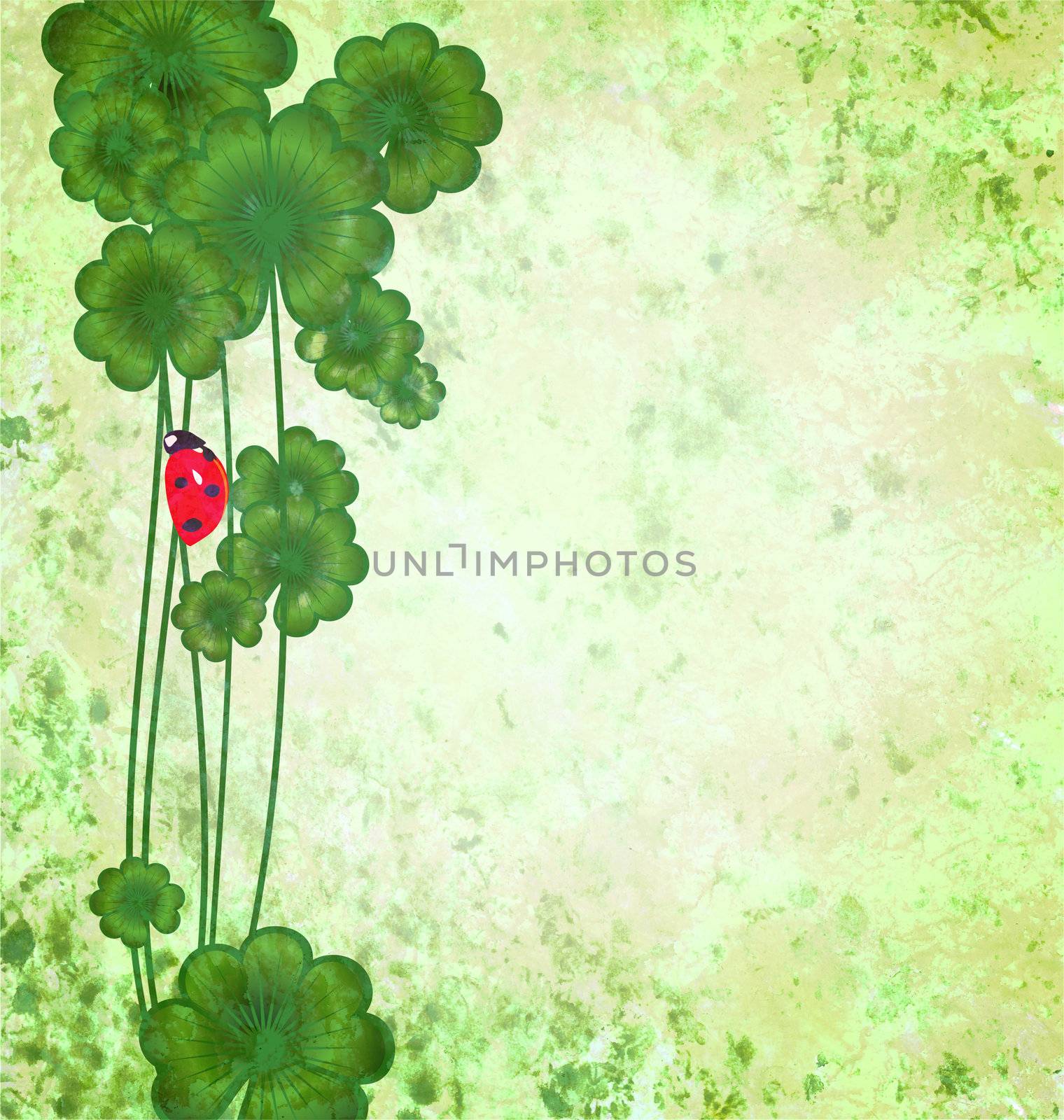 clover with ladybug on green grunge texture background St. Patrick day border illustration