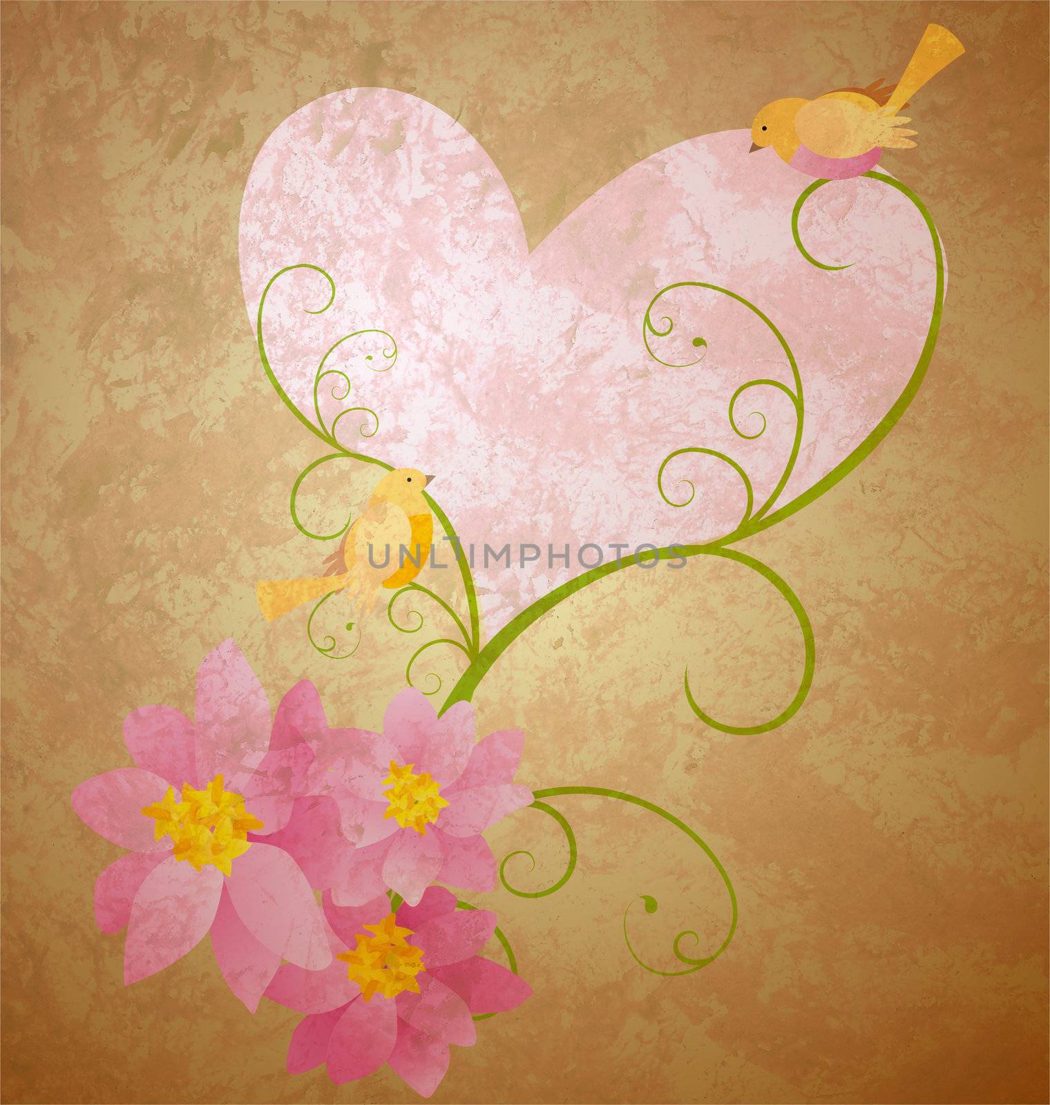 birds love pink flowers and hearts grunge illustration