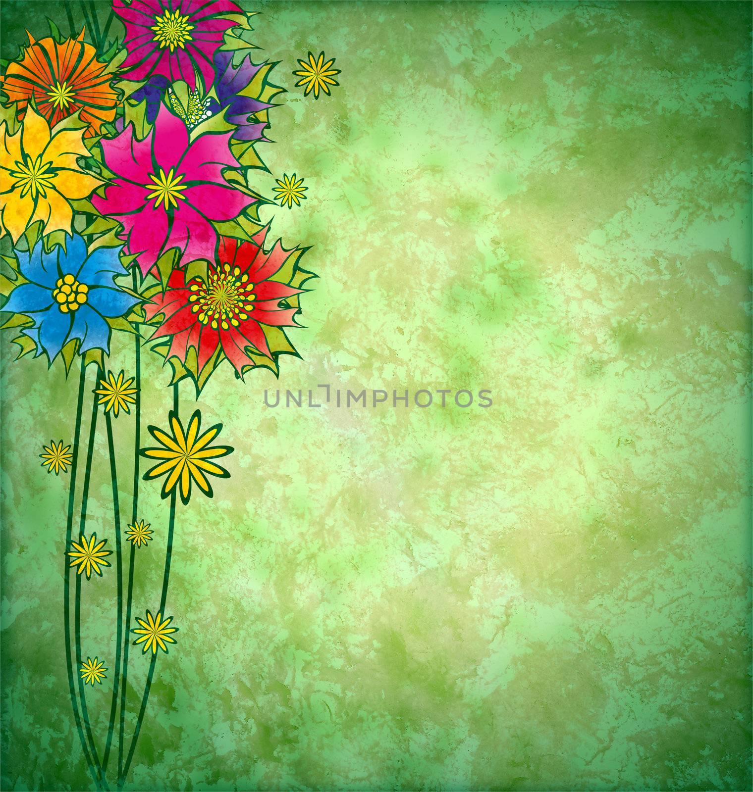 colorful graphic flowers on grunge watercolor background by CherJu