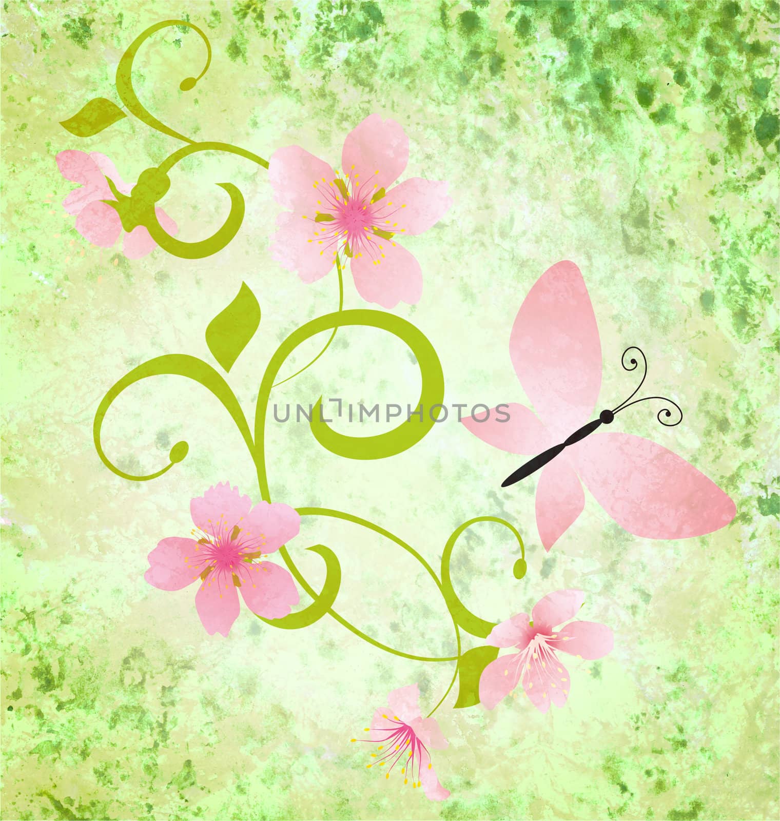 spring green grunge background with pink flowers and butterflies by CherJu