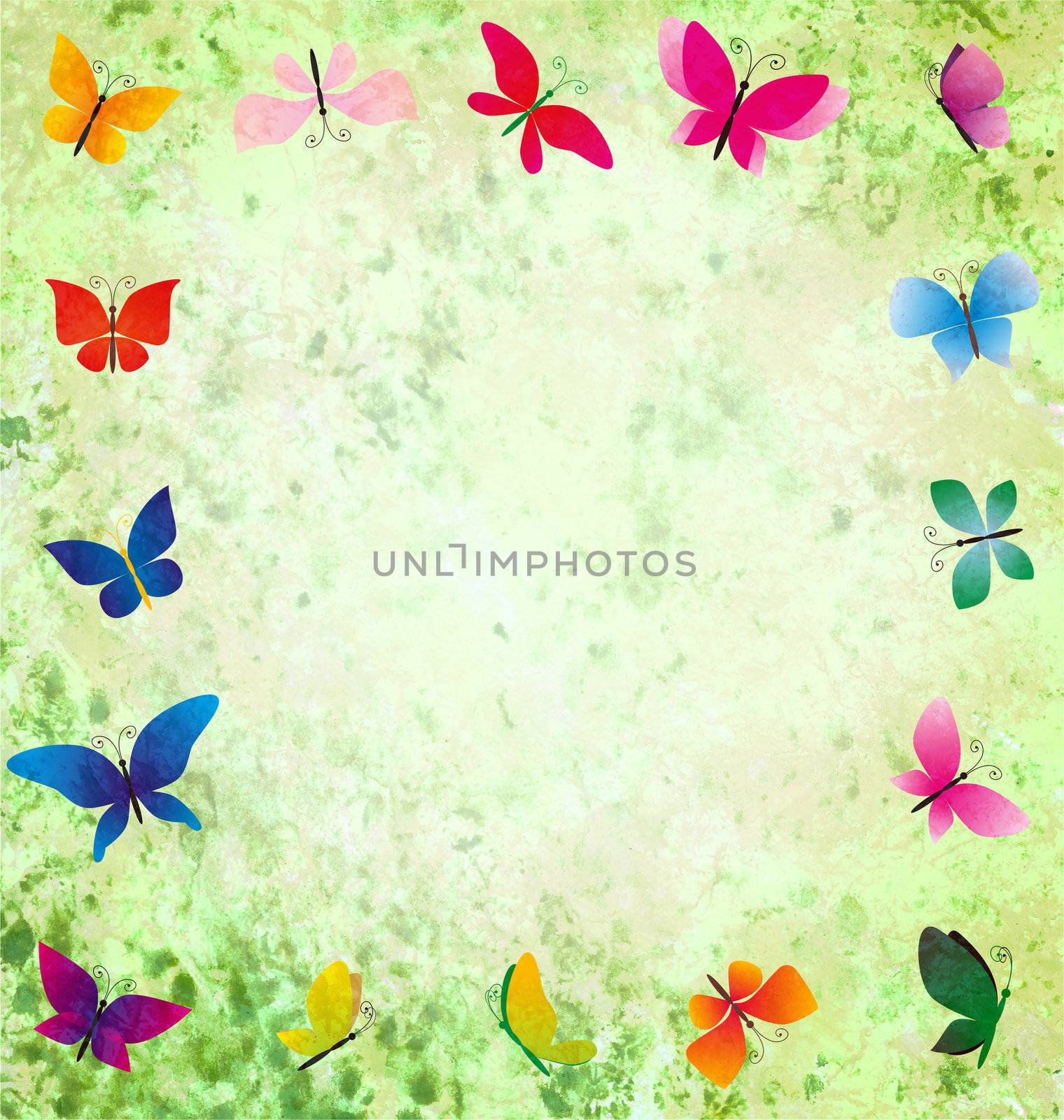 green grunge background with colorful butterflies frame by CherJu