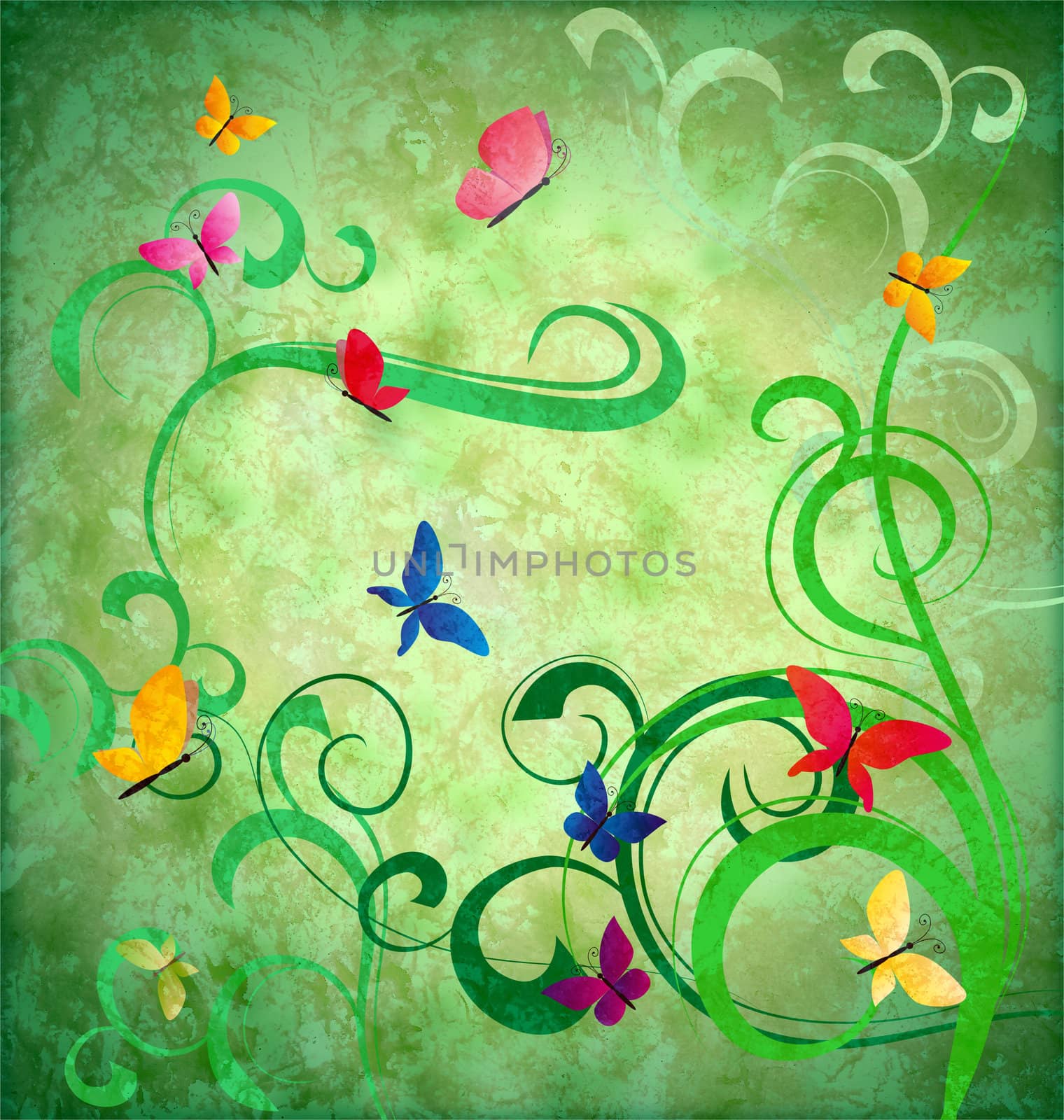 green grunge idea background with flourishes and butterflies eas by CherJu