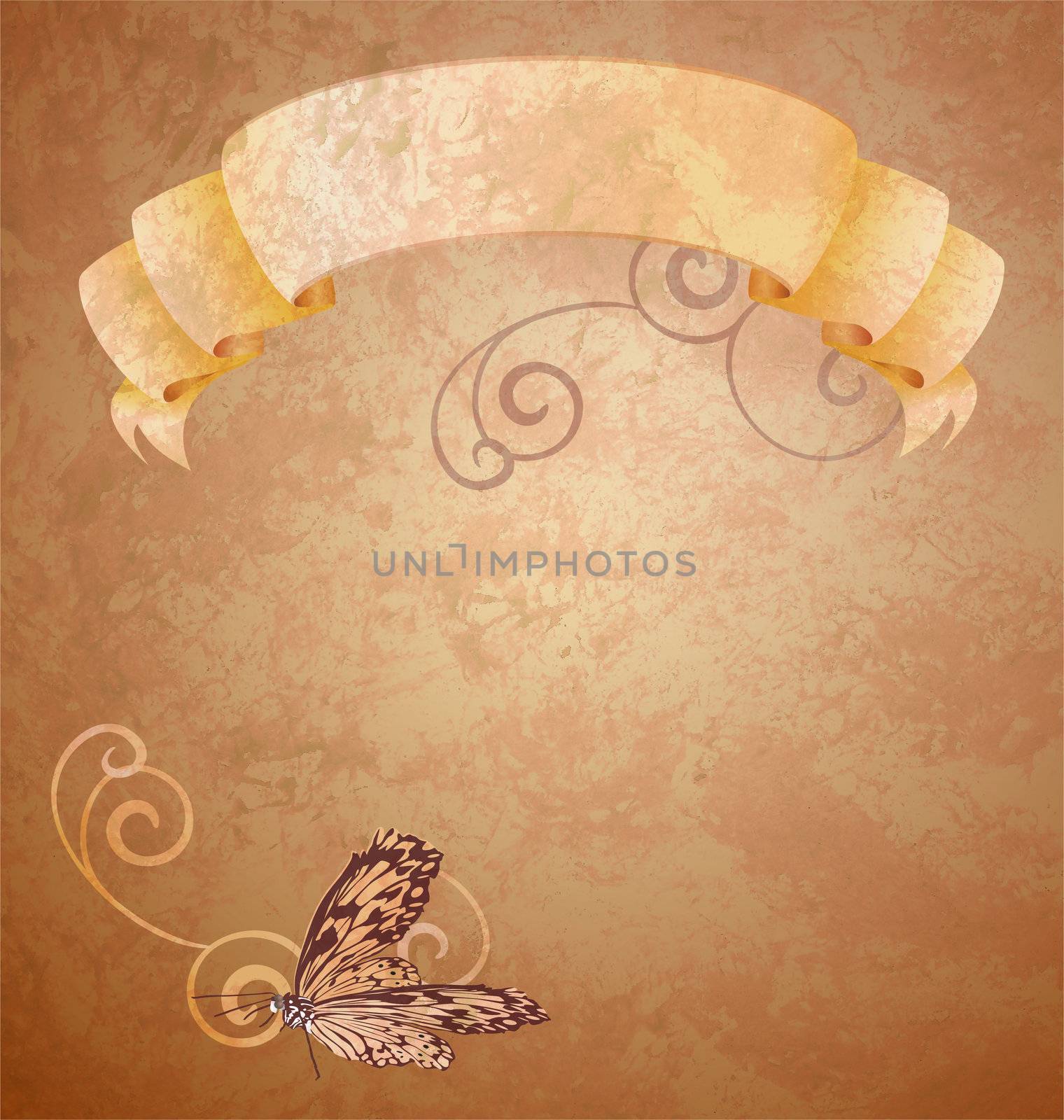 brown grunge paper  with beige scroll and butterfly with curves by CherJu