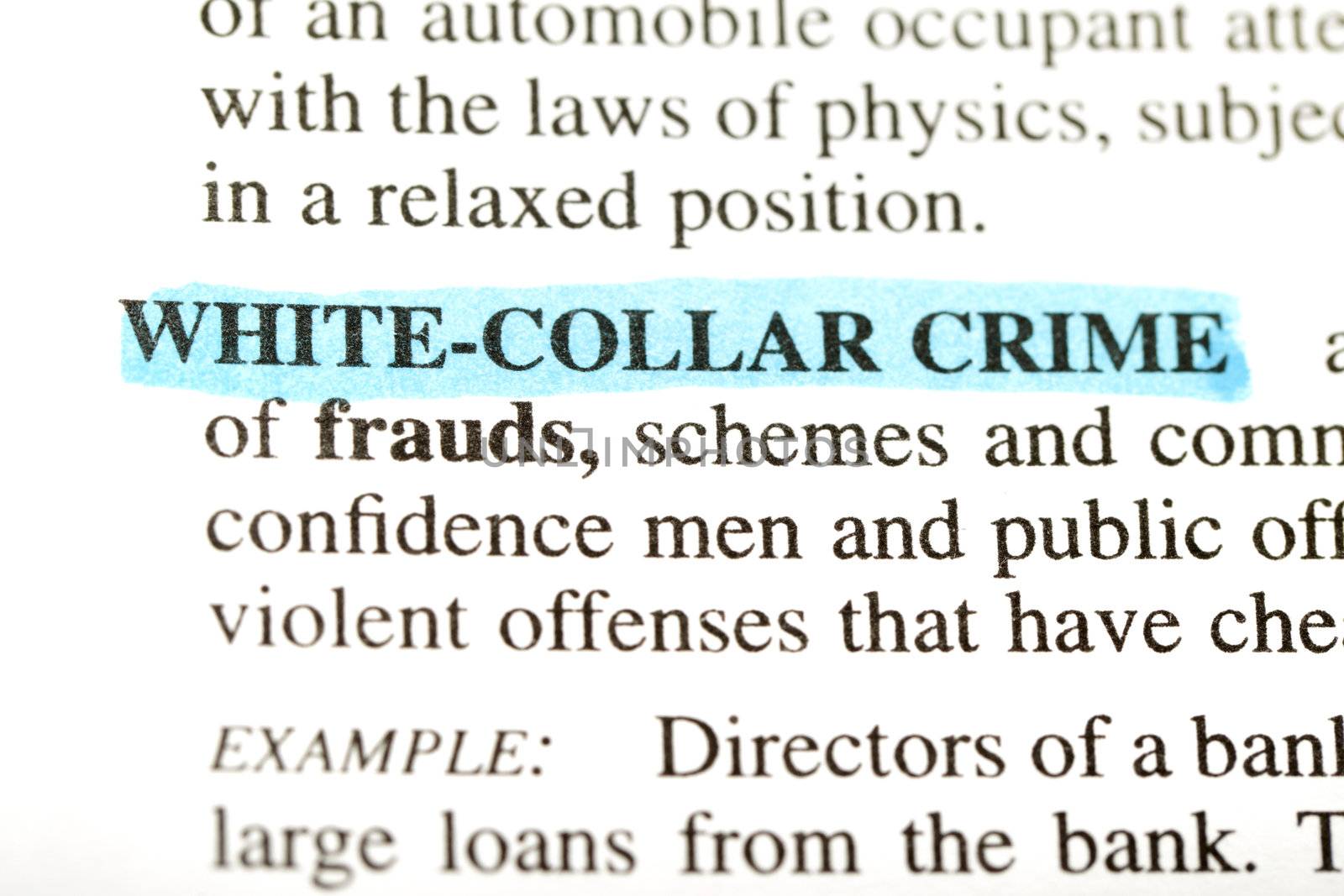 Highlighted definition of the word white-collar crime from a legal dictionary