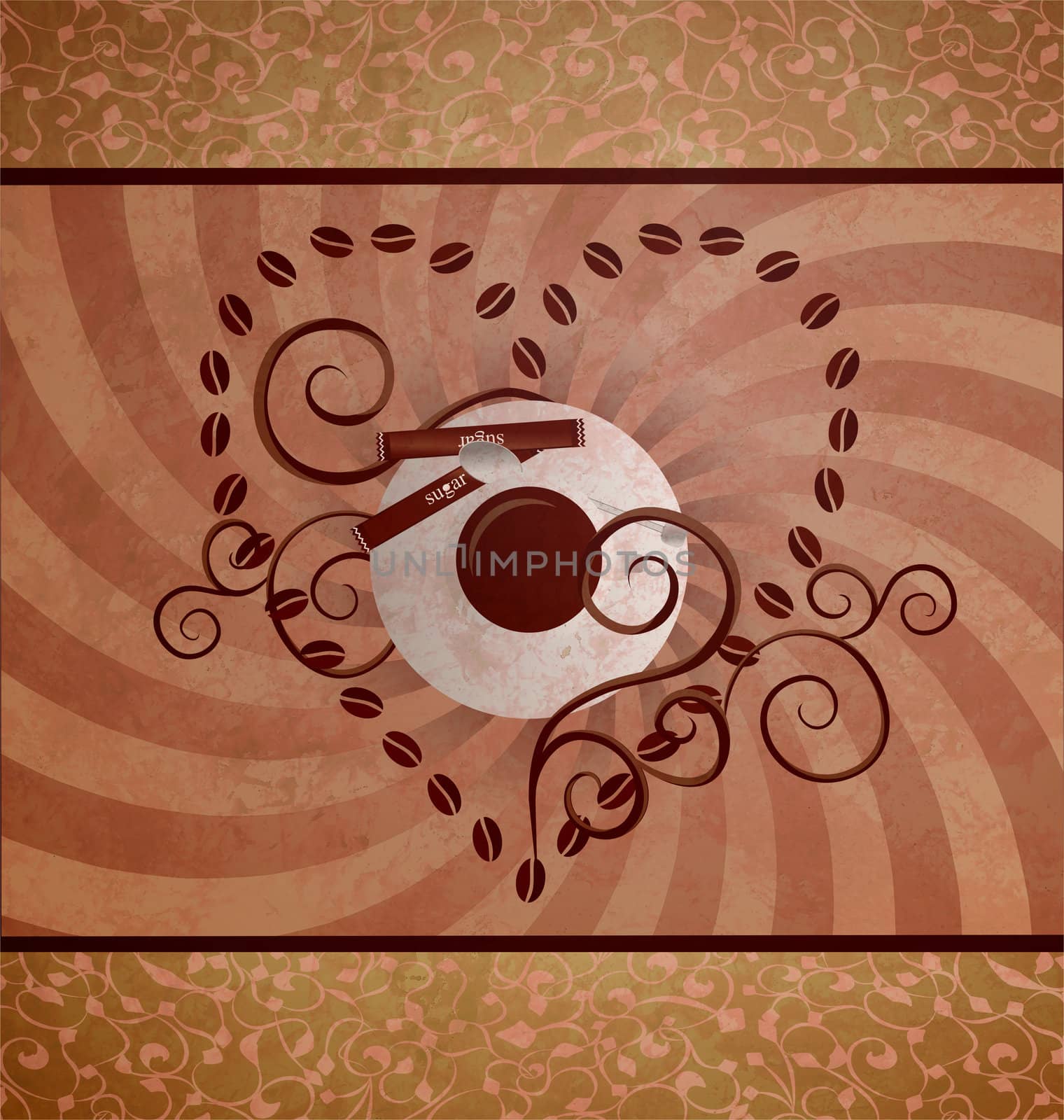 coffee loving grunge brown background with swirls and ornament by CherJu