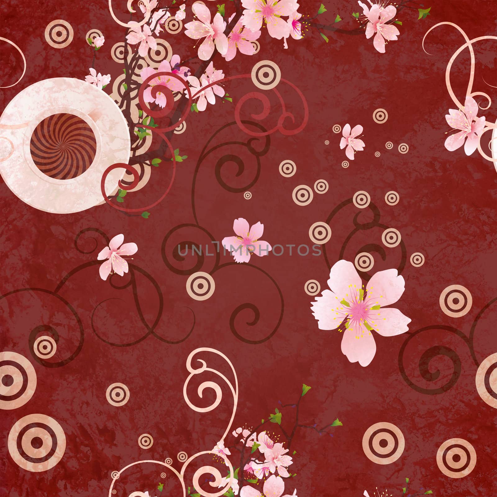 coffee cup, blooming tree branches: spring coffee brown background